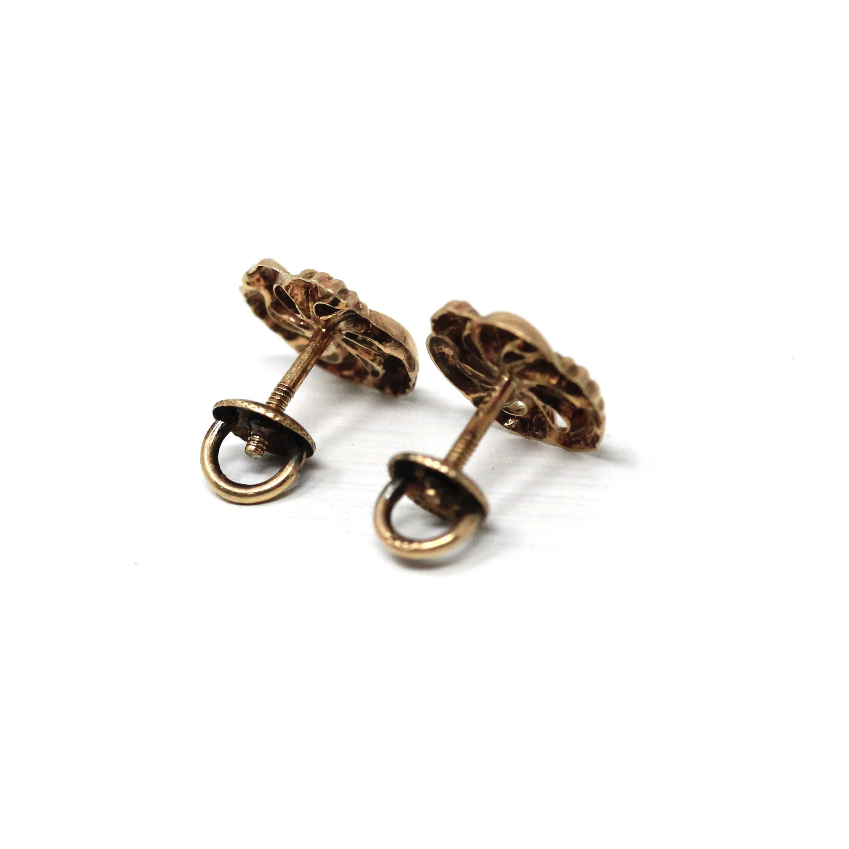 Vintage Pinwheel Earrings - Retro 10k Yellow & White Gold Natural Diamond Flower Screwback Studs - Circa 1940s Era Pierced Fine 40s Jewelry