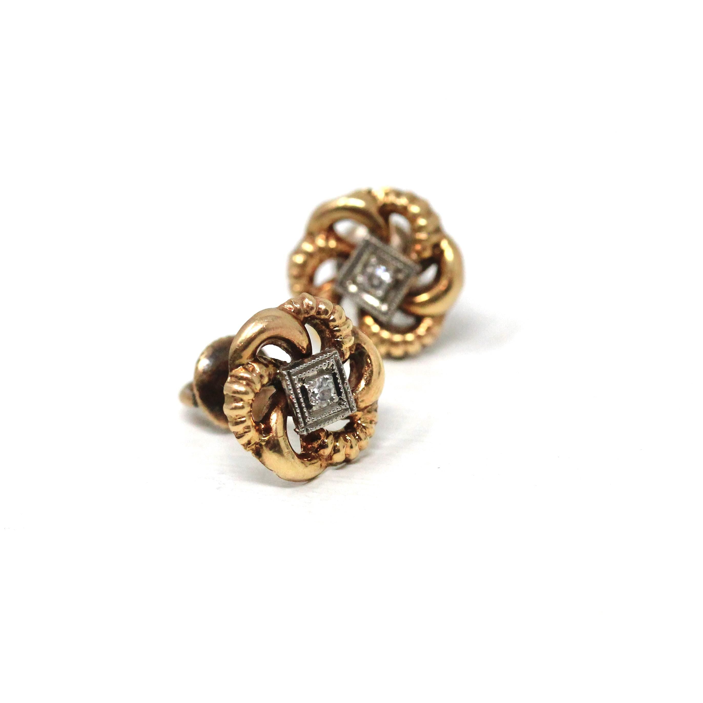 Vintage Pinwheel Earrings - Retro 10k Yellow & White Gold Natural Diamond Flower Screwback Studs - Circa 1940s Era Pierced Fine 40s Jewelry