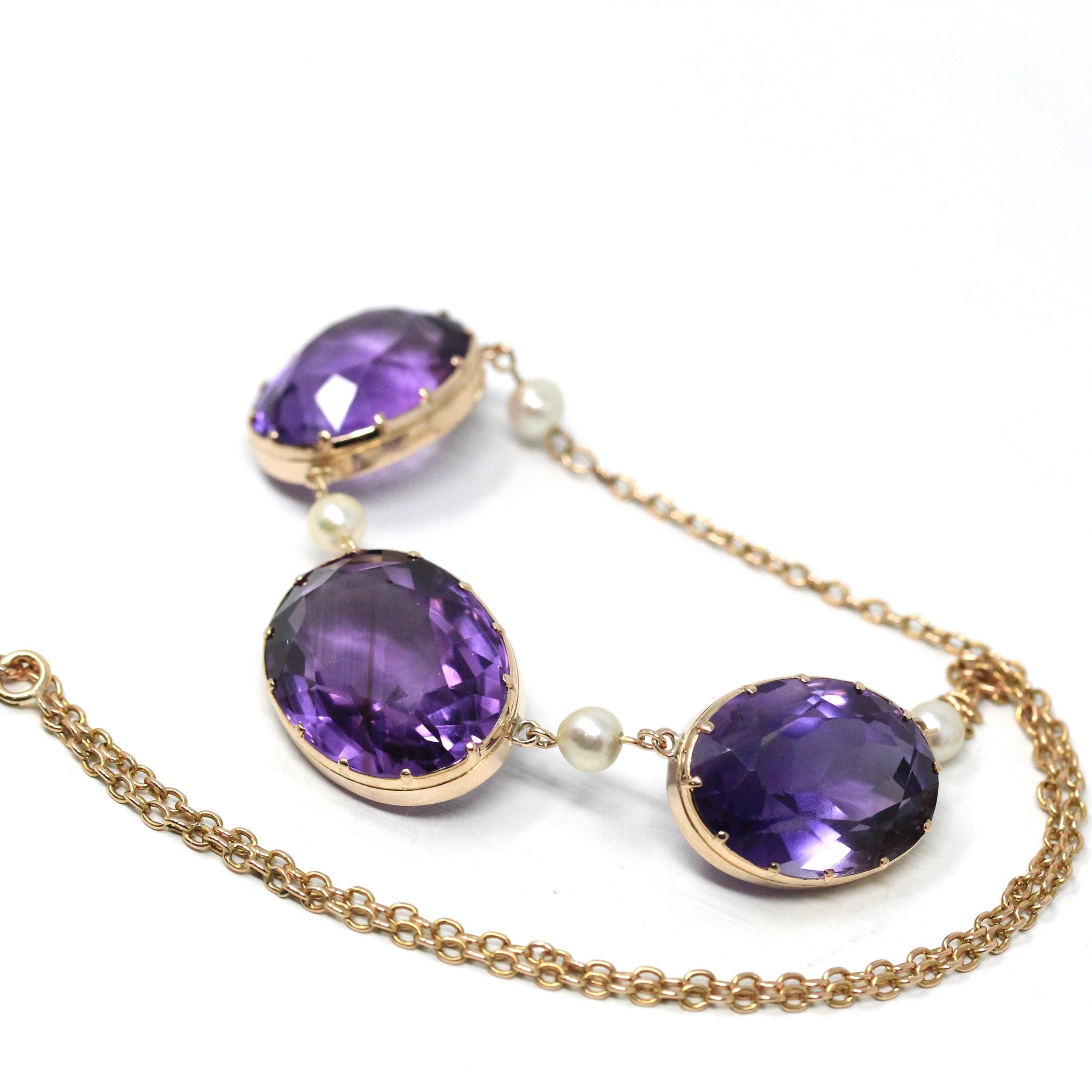 Antique Amethyst Necklace - Vintage 9k Rose Gold Natural Faceted Purple Gemstone Cultured Pearl Necklace - Victorian Era 1890s Fine Jewelry