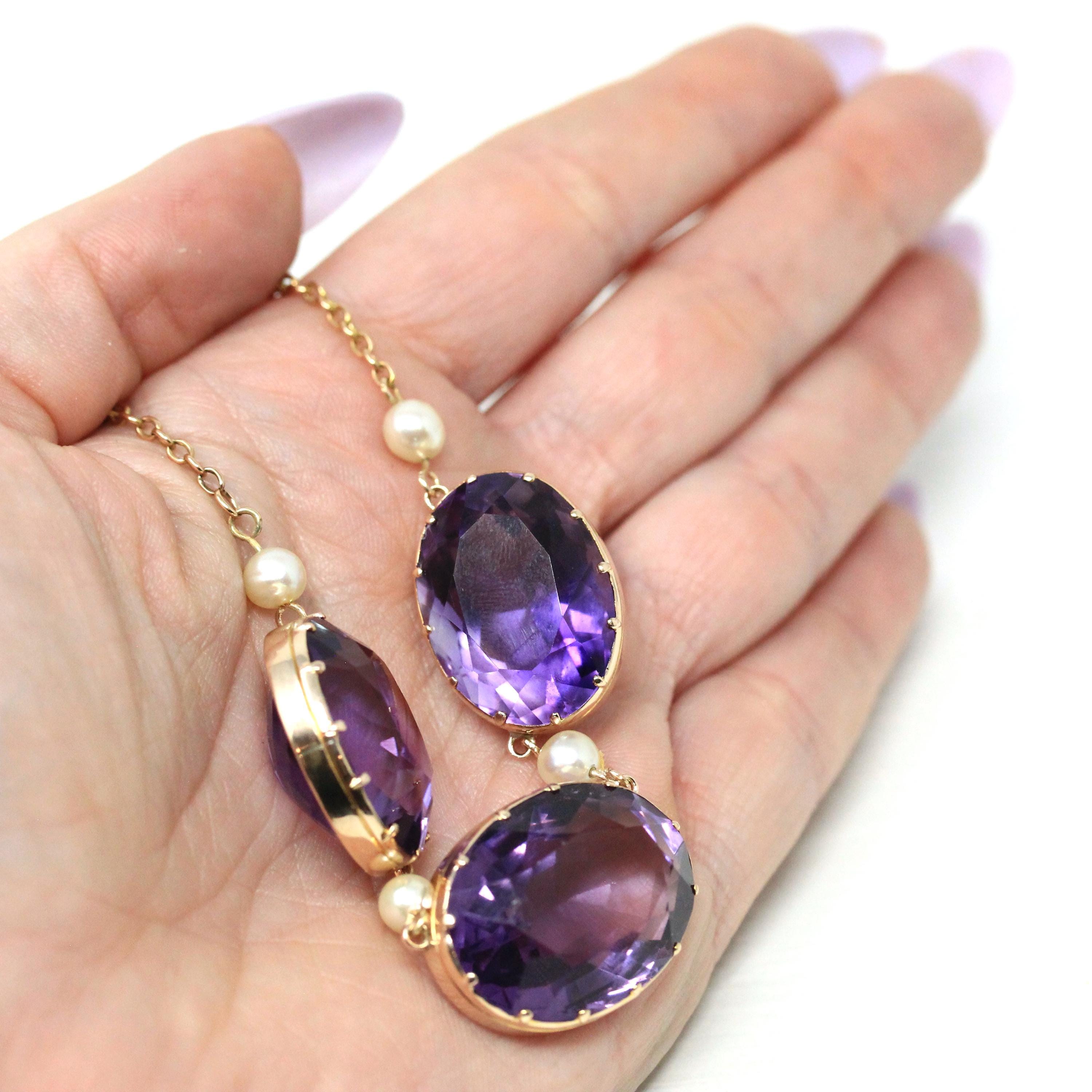 Antique Amethyst Necklace - Vintage 9k Rose Gold Natural Faceted Purple Gemstone Cultured Pearl Necklace - Victorian Era 1890s Fine Jewelry