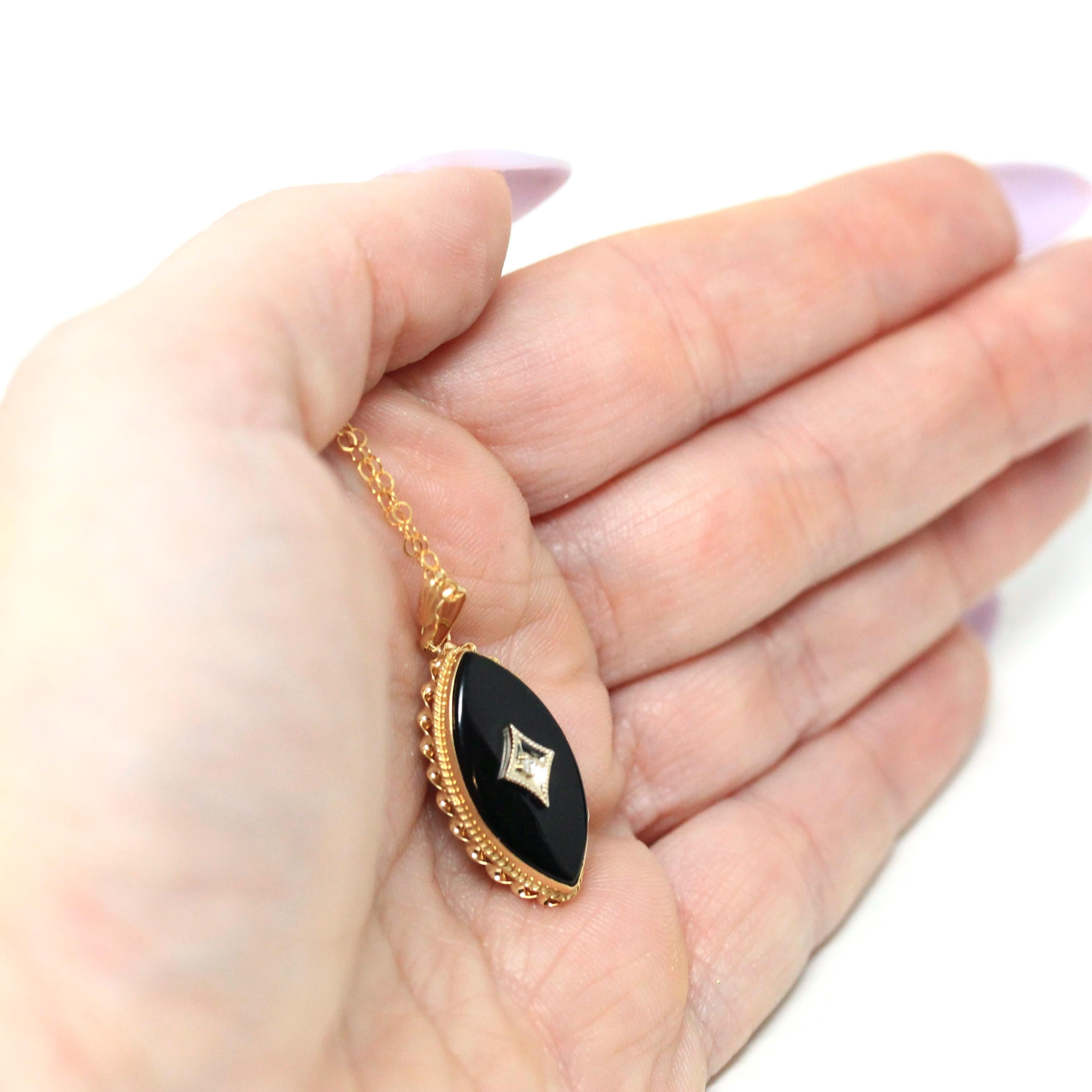 Onyx & Diamond Necklace - Retro 14k Yellow Gold Natural Black Chalcedony Gemstone Pendant Charm - Vintage 1970s Era Navette Fine 70s Jewelry