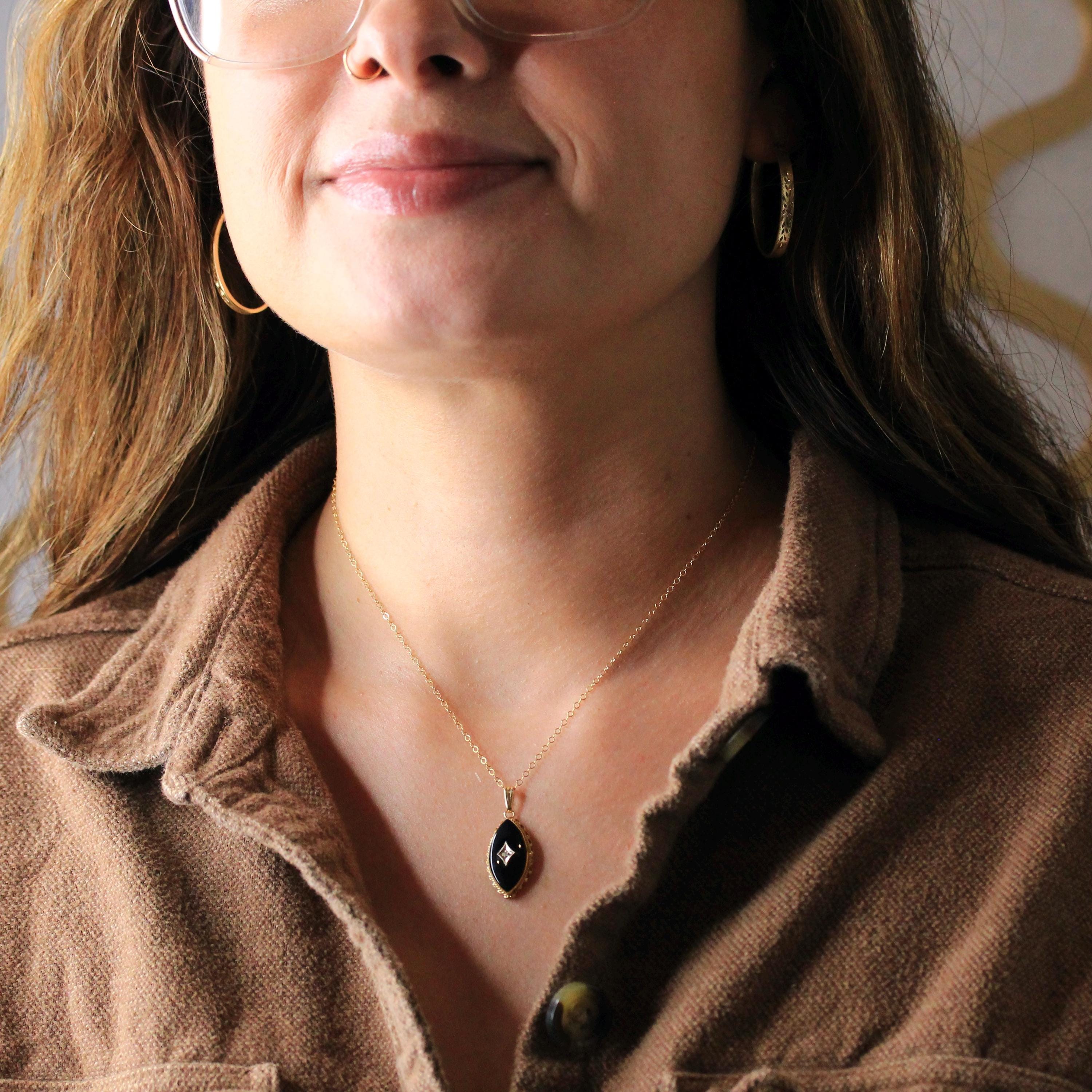 Onyx & Diamond Necklace - Retro 14k Yellow Gold Natural Black Chalcedony Gemstone Pendant Charm - Vintage 1970s Era Navette Fine 70s Jewelry