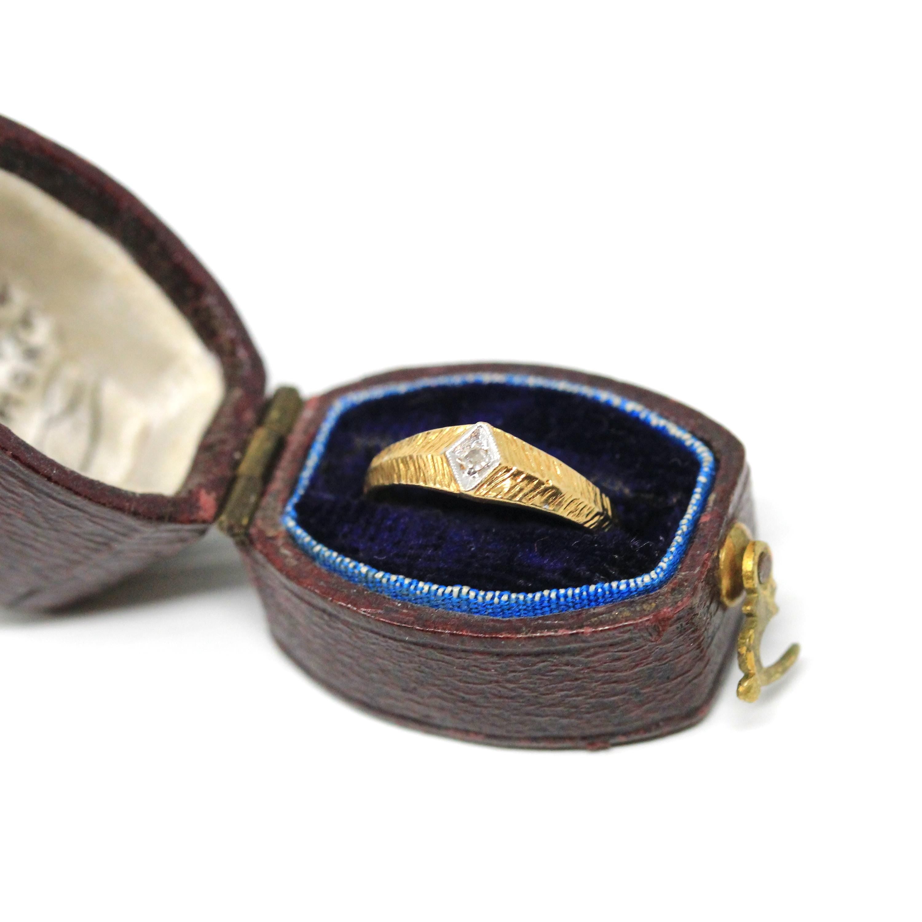 Diamond Pinky Ring - Retro 14k Yellow & White Gold Midi Baby Band Round Clear Gem - Vintage 1970s Era Size 1 3/4 April Birthstone Jewelry