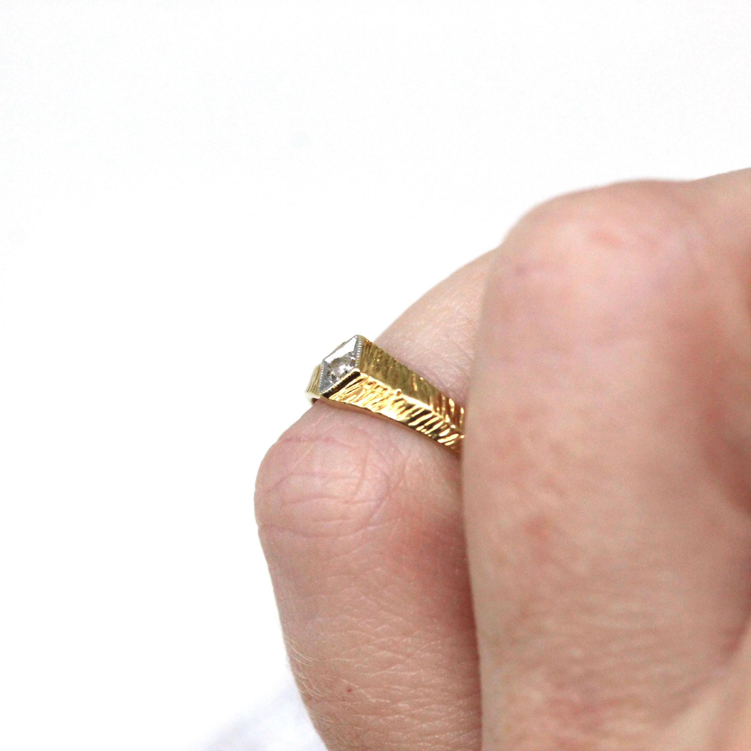 Diamond Pinky Ring - Retro 14k Yellow & White Gold Midi Baby Band Round Clear Gem - Vintage 1970s Era Size 1 3/4 April Birthstone Jewelry