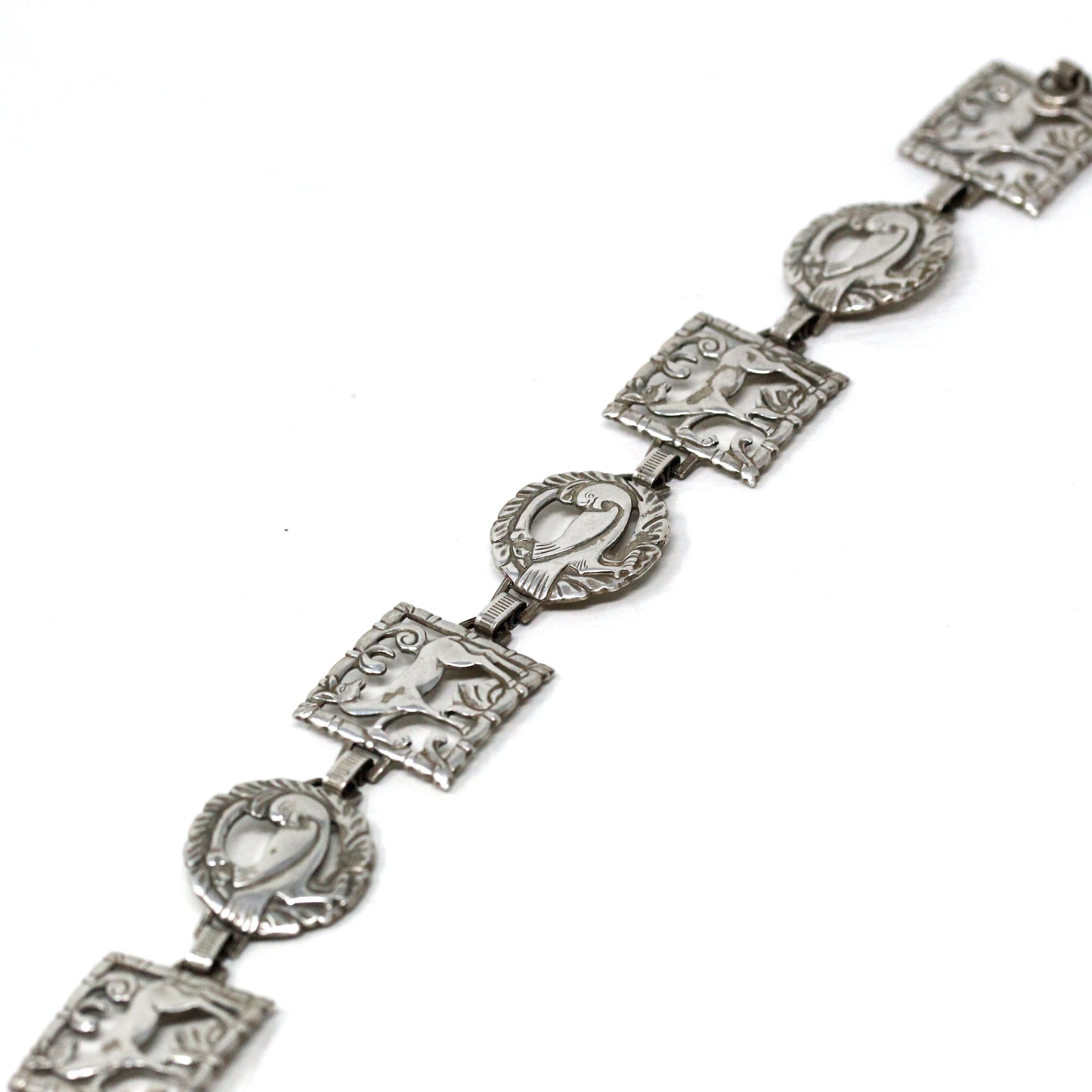 Retro Animal Bracelet - Vintage Sterling Silver Dove & Deer Fashion Accessory - Circa 1940s Era Wildlife Statement Jewelry