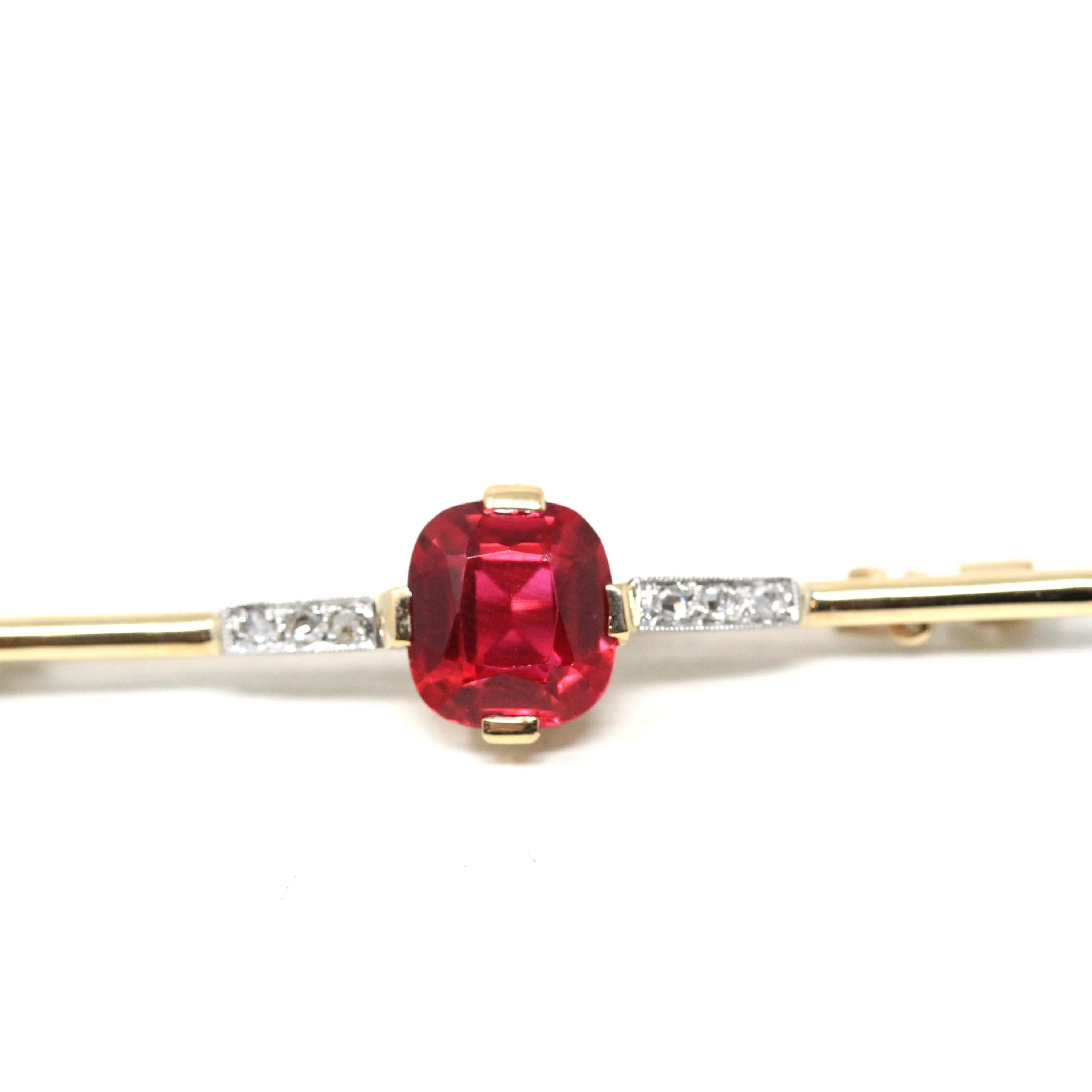 Created Ruby Brooch - Art Deco 10k Yellow & White Two Tone Gold Red Stone And Diamond Pin - Vintage 1930s Era Fine Statement Accessory