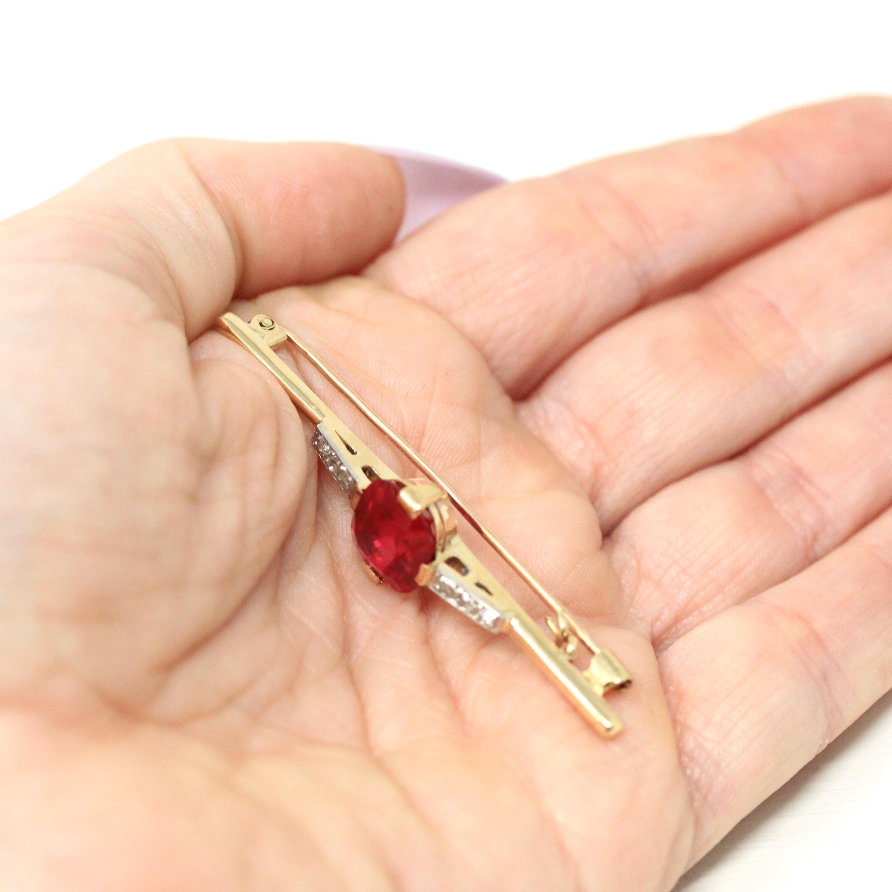 Created Ruby Brooch - Art Deco 10k Yellow & White Two Tone Gold Red Stone And Diamond Pin - Vintage 1930s Era Fine Statement Accessory