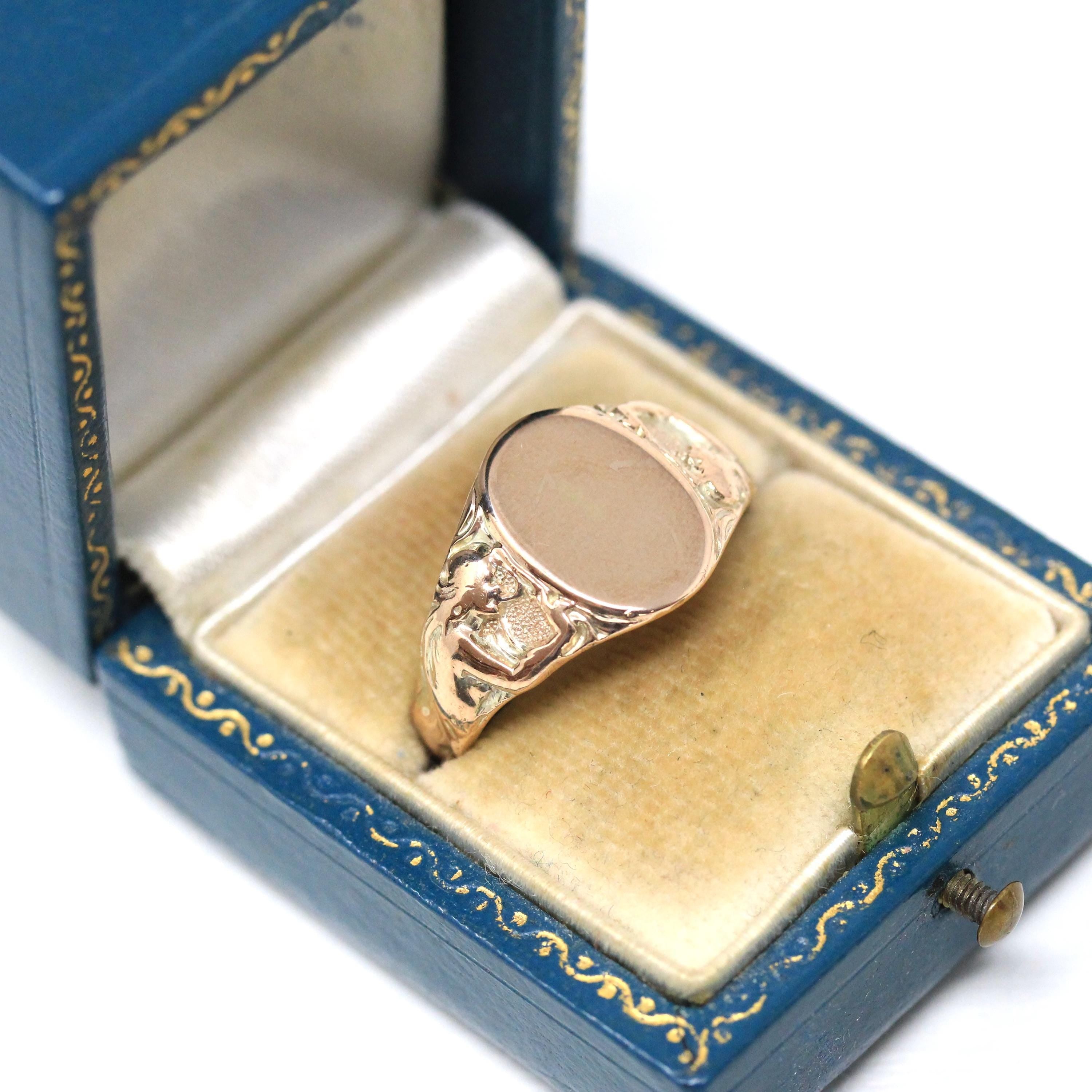 Art Nouveau Signet Ring - Antique 10k Yellow Gold Blank Oval Face - Edwardian Circa 1900s Era Size 10 Unisex Figural Woman Fine Jewelry