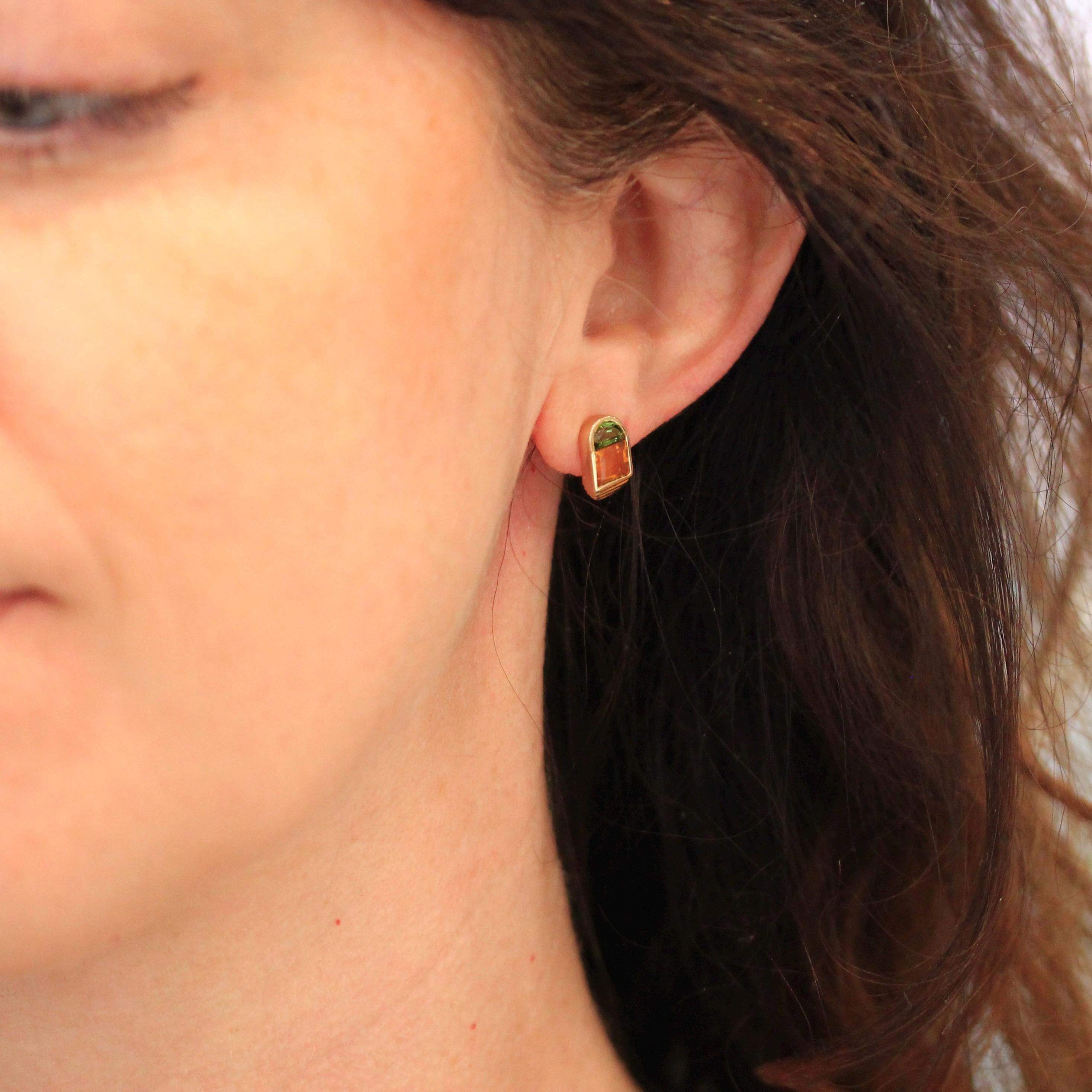 Tourmaline & Citrine Earrings - Modern 14k Yellow Gold Bezel Pierced Posts - Estate October And November Birthstones Fine Statement Jewelry