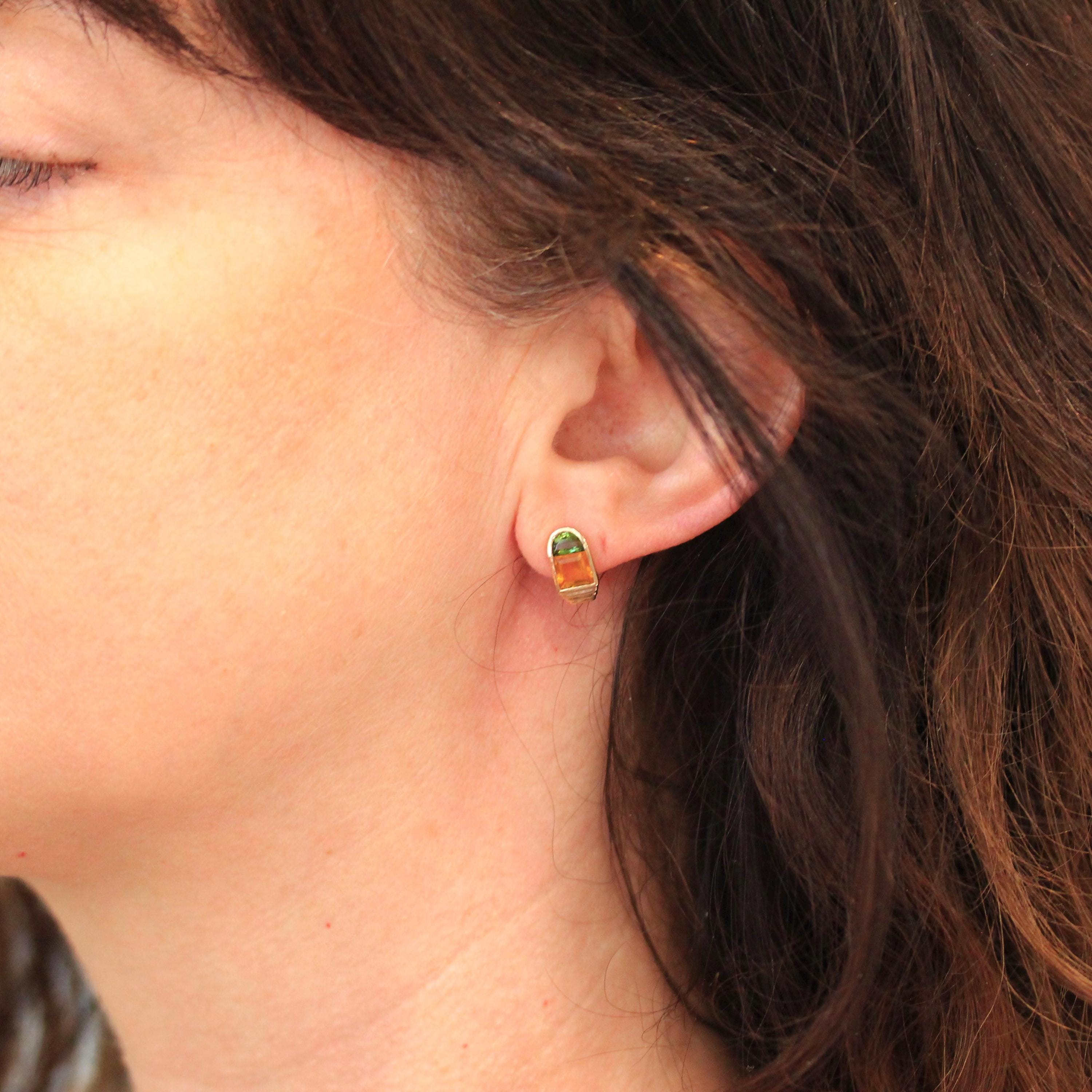 Tourmaline & Citrine Earrings - Modern 14k Yellow Gold Bezel Pierced Posts - Estate October And November Birthstones Fine Statement Jewelry