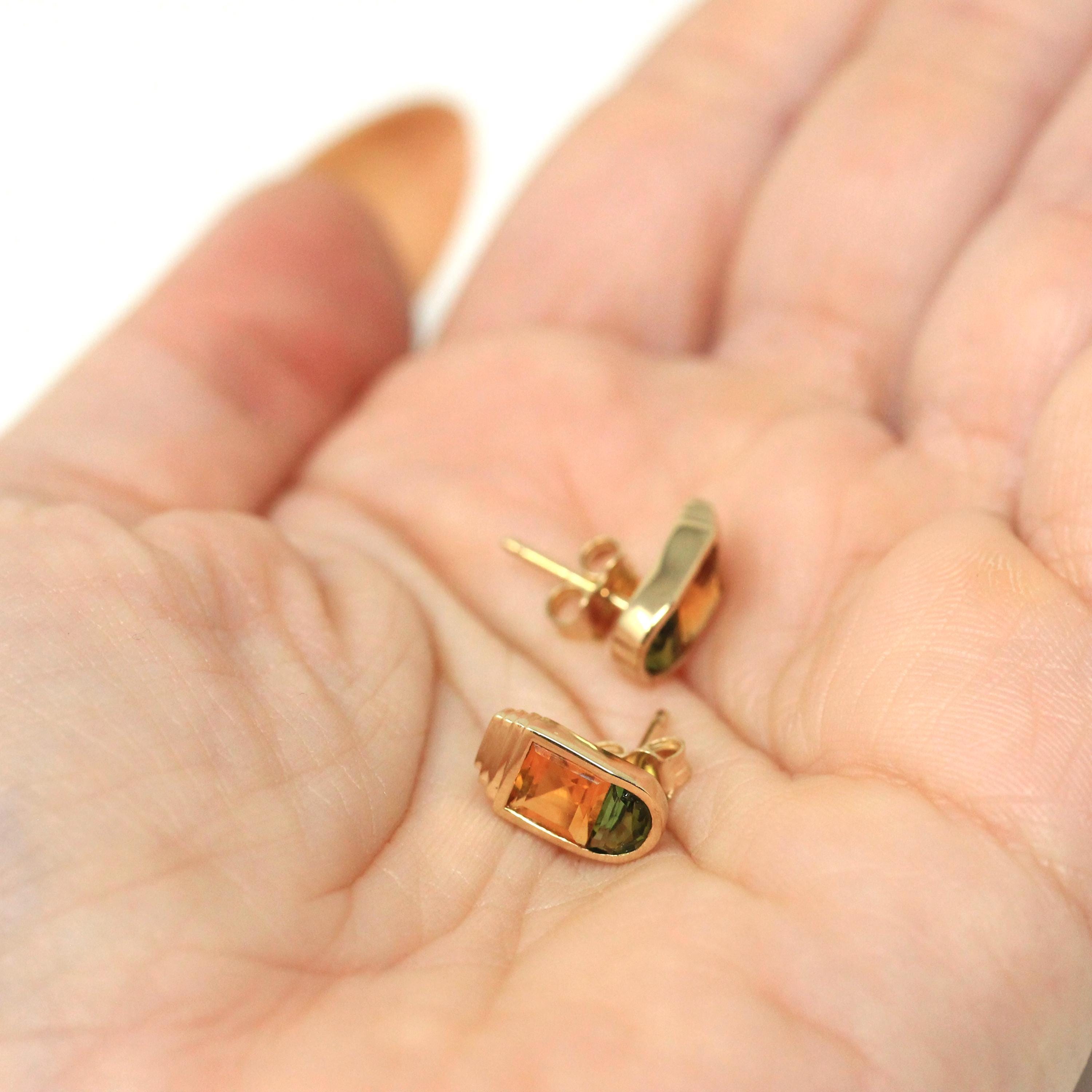 Tourmaline & Citrine Earrings - Modern 14k Yellow Gold Bezel Pierced Posts - Estate October And November Birthstones Fine Statement Jewelry
