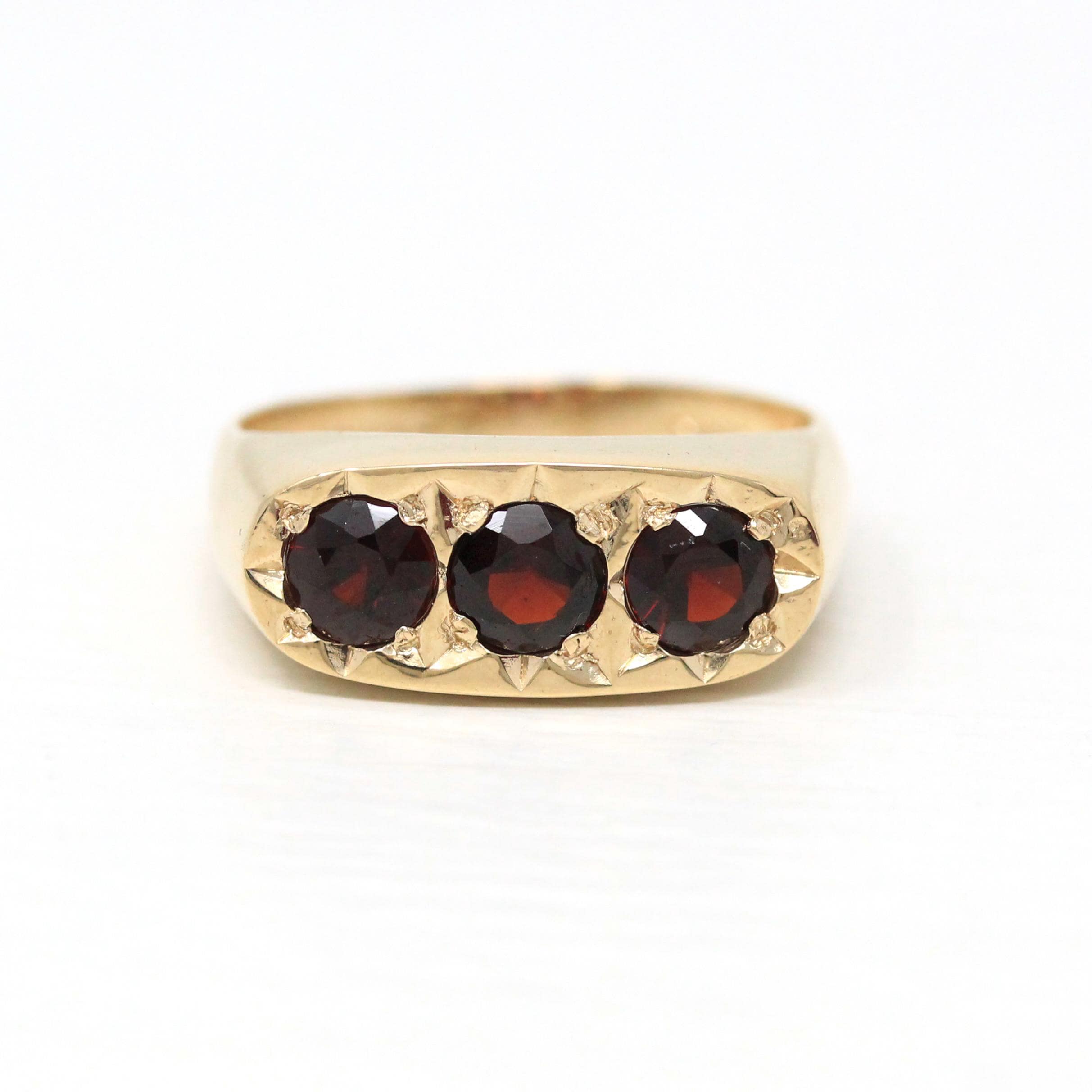 Vintage Garnet Ring - Mid Century 9k Yellow Gold Red Gem Band - Hallmarked 1953 Size 7 1/2 Fine London England January Birthstone Jewelry