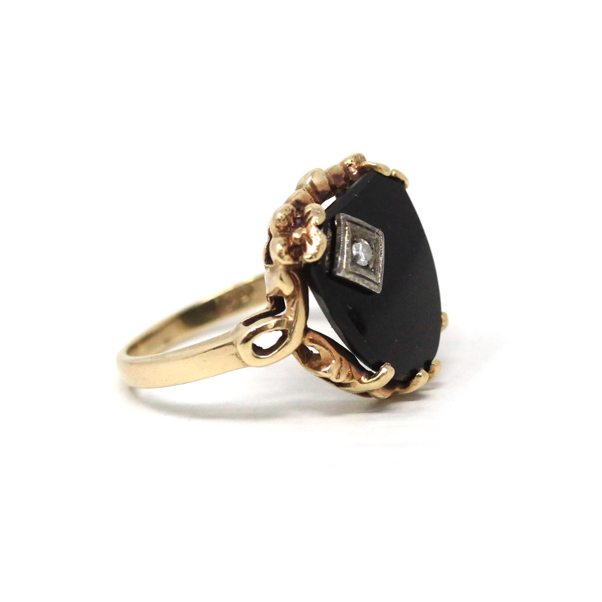 Vintage Onyx Ring - Retro 10k Yellow Gold Black Fancy Cut Gemstone - Circa 1940s Era Size 5.5 Natural Diamond Floral Statement Fine Jewelry