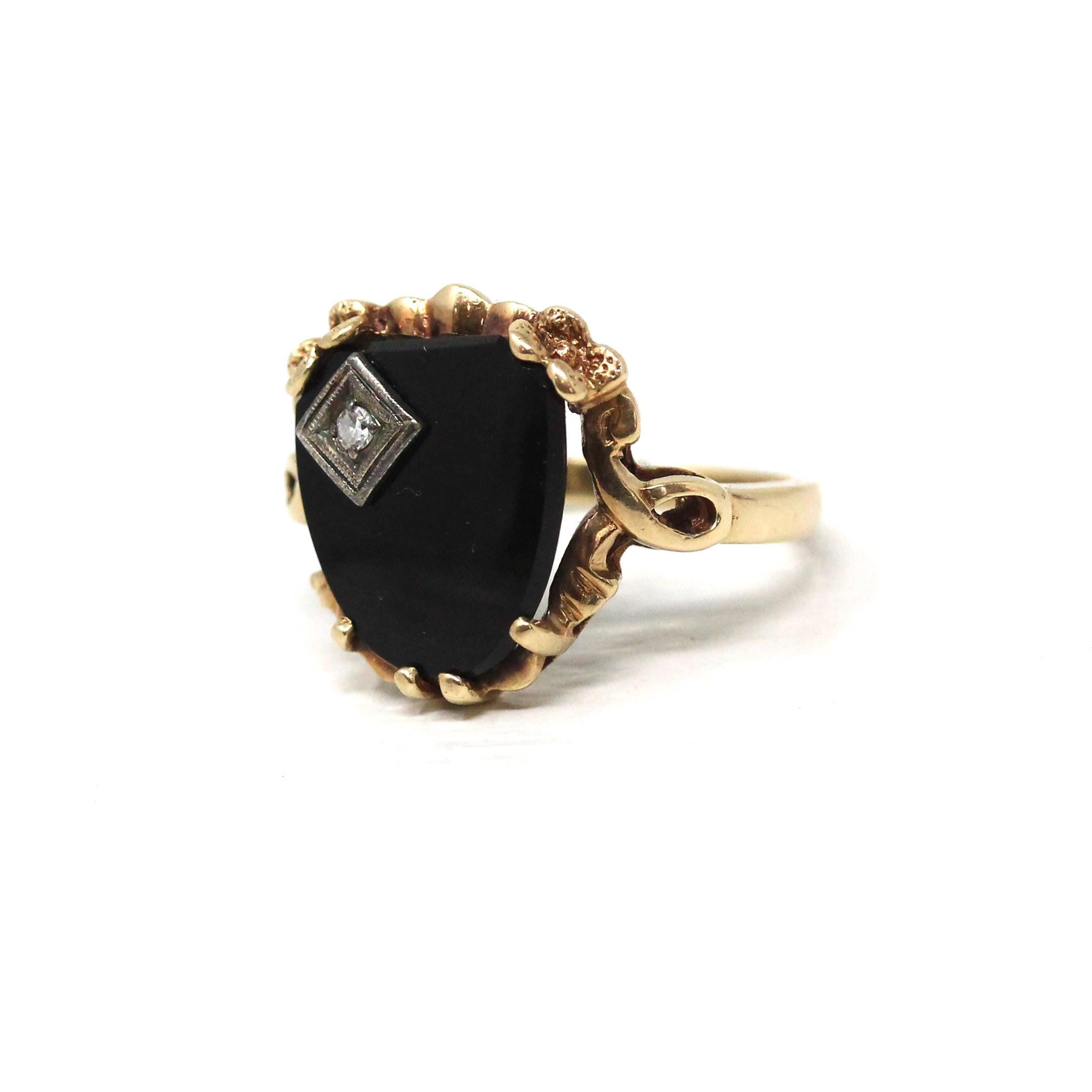 Vintage Onyx Ring - Retro 10k Yellow Gold Black Fancy Cut Gemstone - Circa 1940s Era Size 5.5 Natural Diamond Floral Statement Fine Jewelry