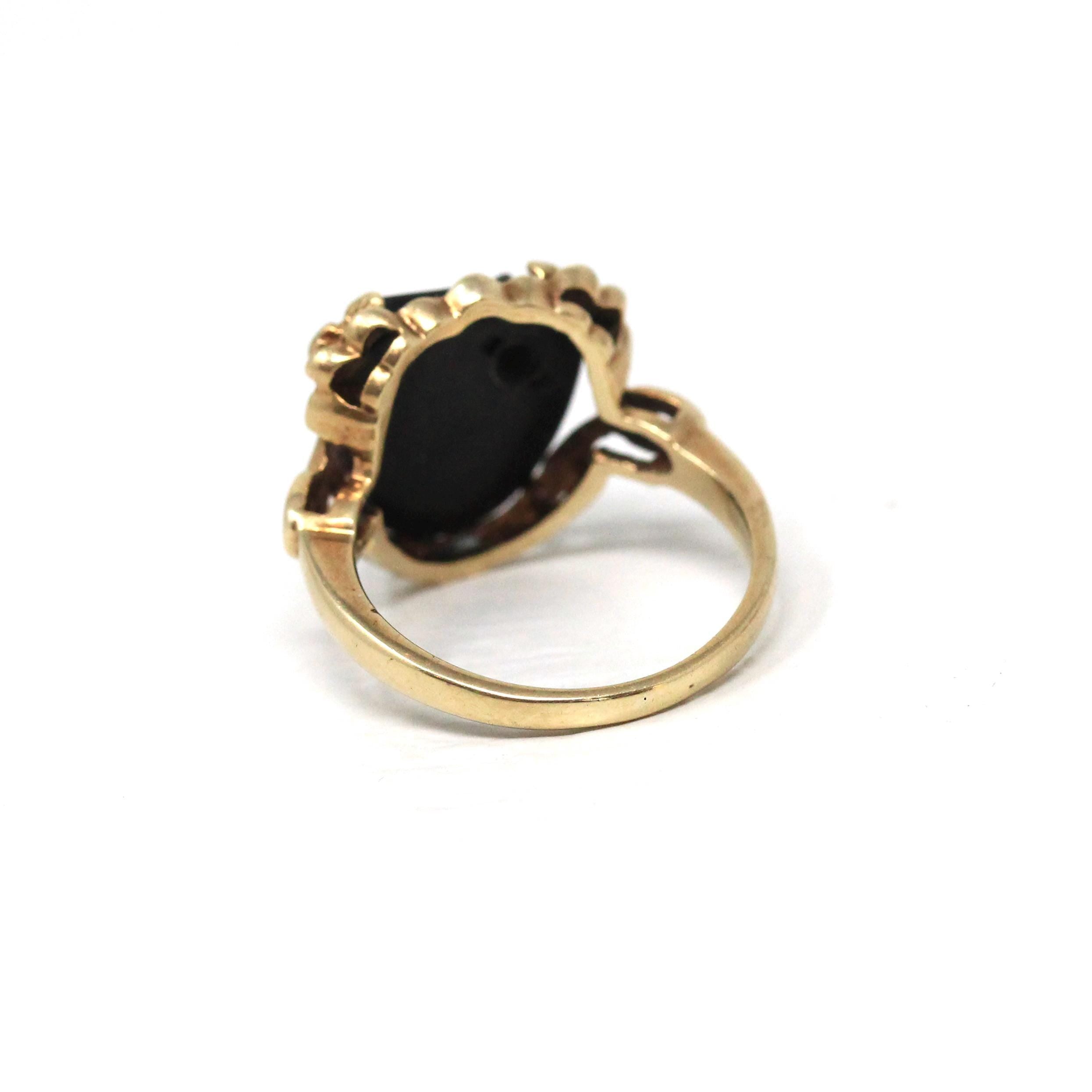 Vintage Onyx Ring - Retro 10k Yellow Gold Black Fancy Cut Gemstone - Circa 1940s Era Size 5.5 Natural Diamond Floral Statement Fine Jewelry