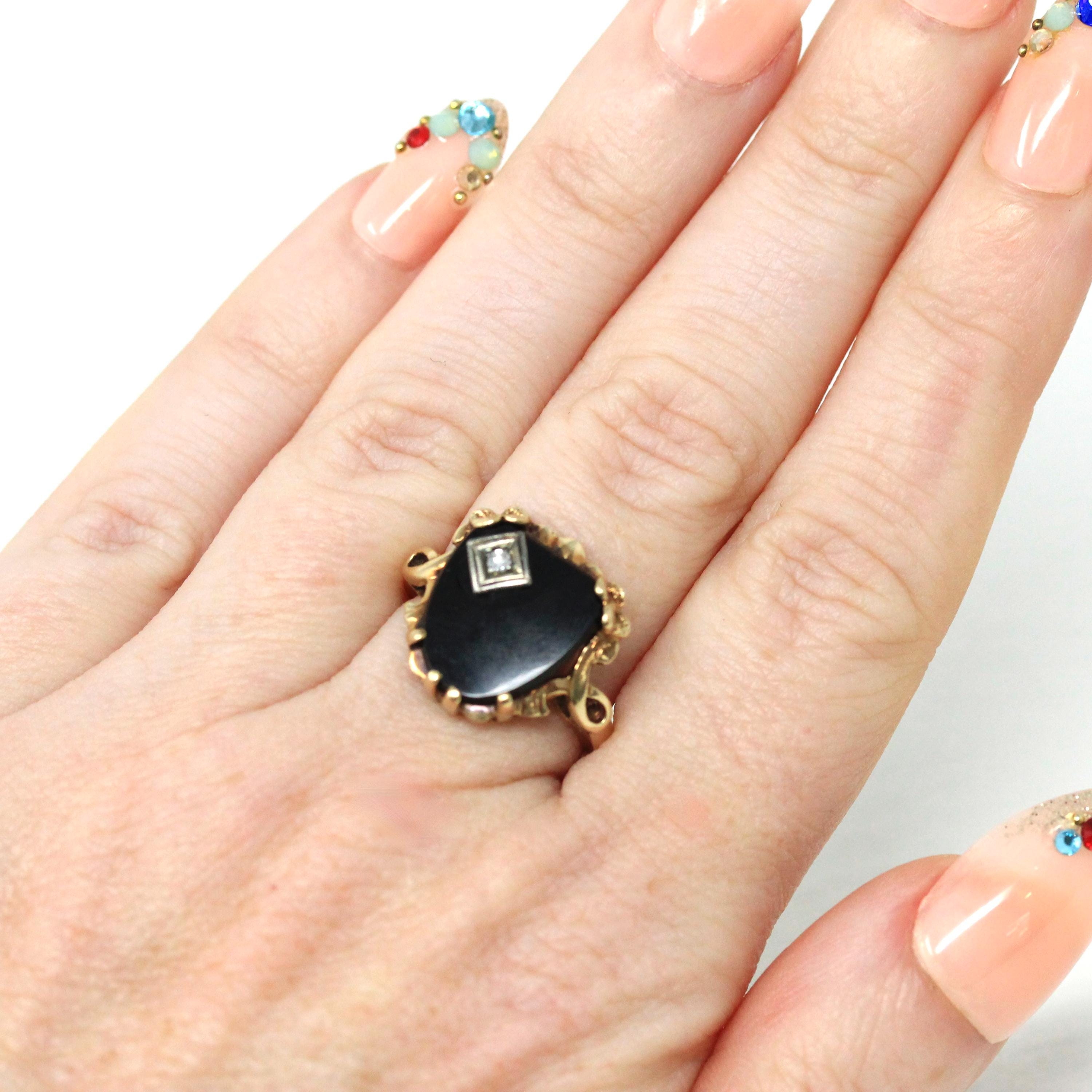 Vintage Onyx Ring - Retro 10k Yellow Gold Black Fancy Cut Gemstone - Circa 1940s Era Size 5.5 Natural Diamond Floral Statement Fine Jewelry