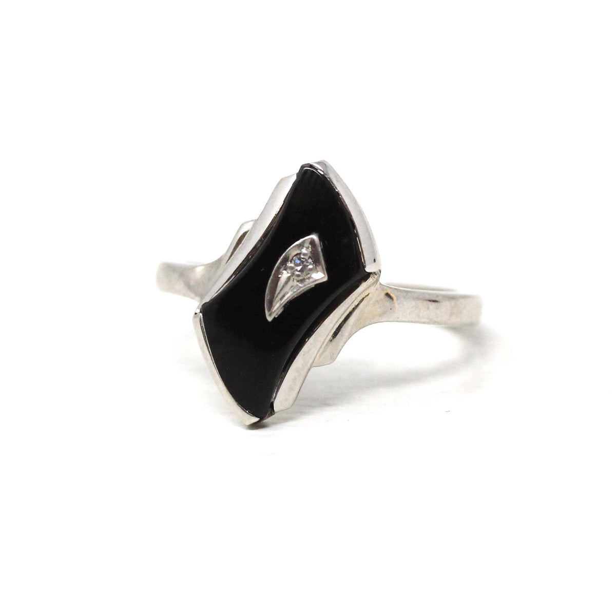 Bague Chevalière Vintage Or Blanc 18k Avec Onyx Noir Et Diamant - Taille 10