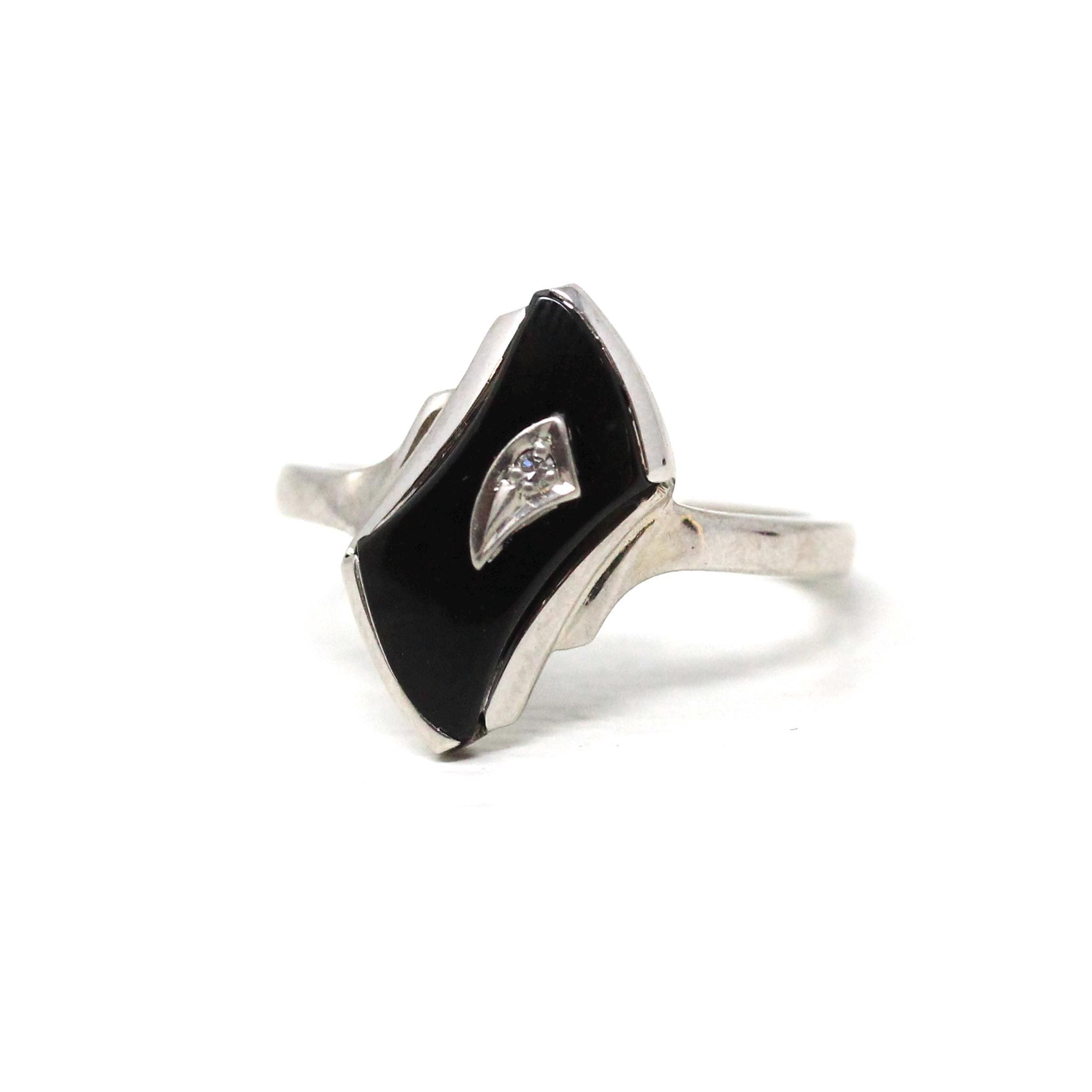 Retro Onyx Ring - Vintage 10k White Gold Fancy Cut Black Chalcedony & Diamond Gemstone - Circa 1960s Era Size 5 3/4 Fine Statement Jewelry