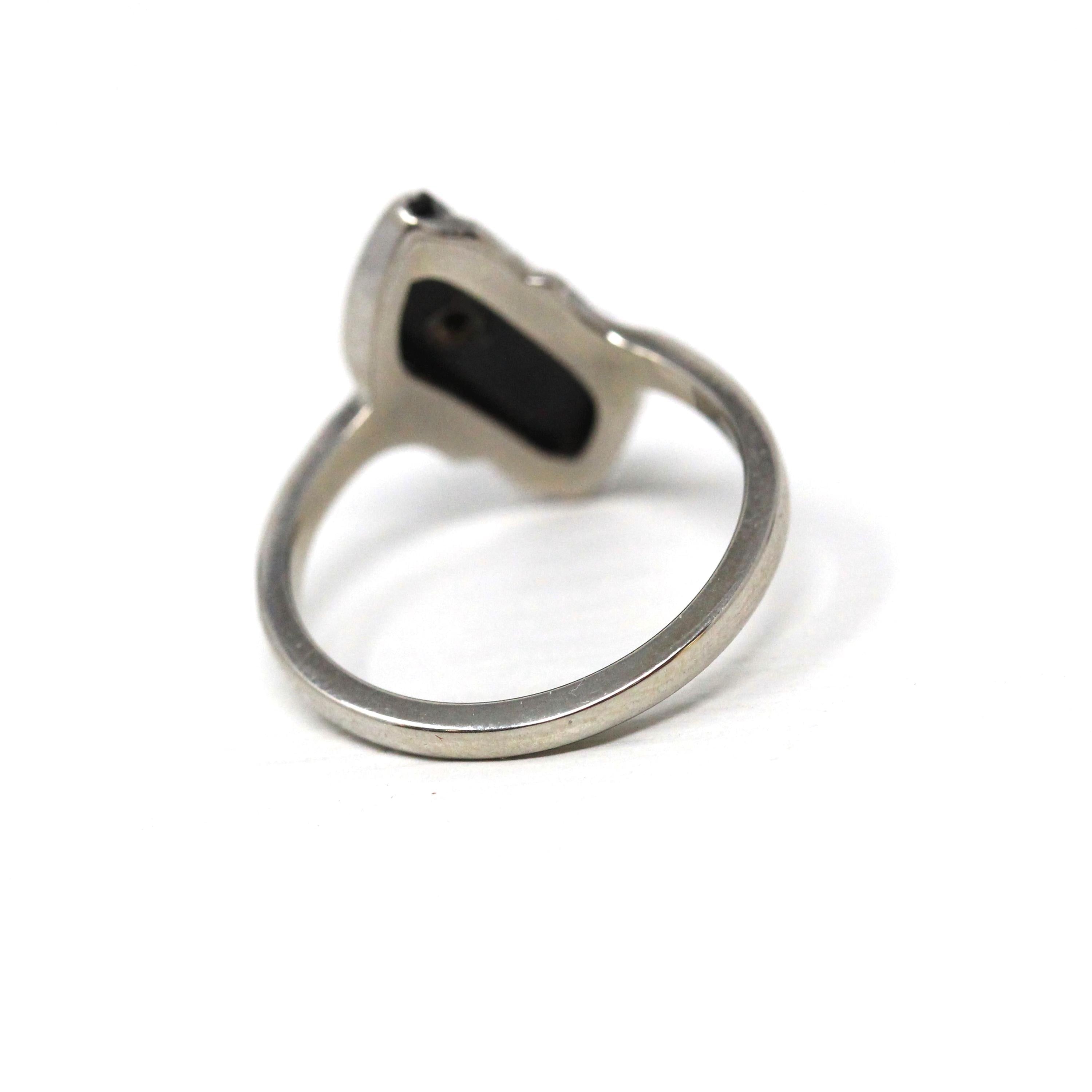 Retro Onyx Ring - Vintage 10k White Gold Fancy Cut Black Chalcedony & Diamond Gemstone - Circa 1960s Era Size 5 3/4 Fine Statement Jewelry