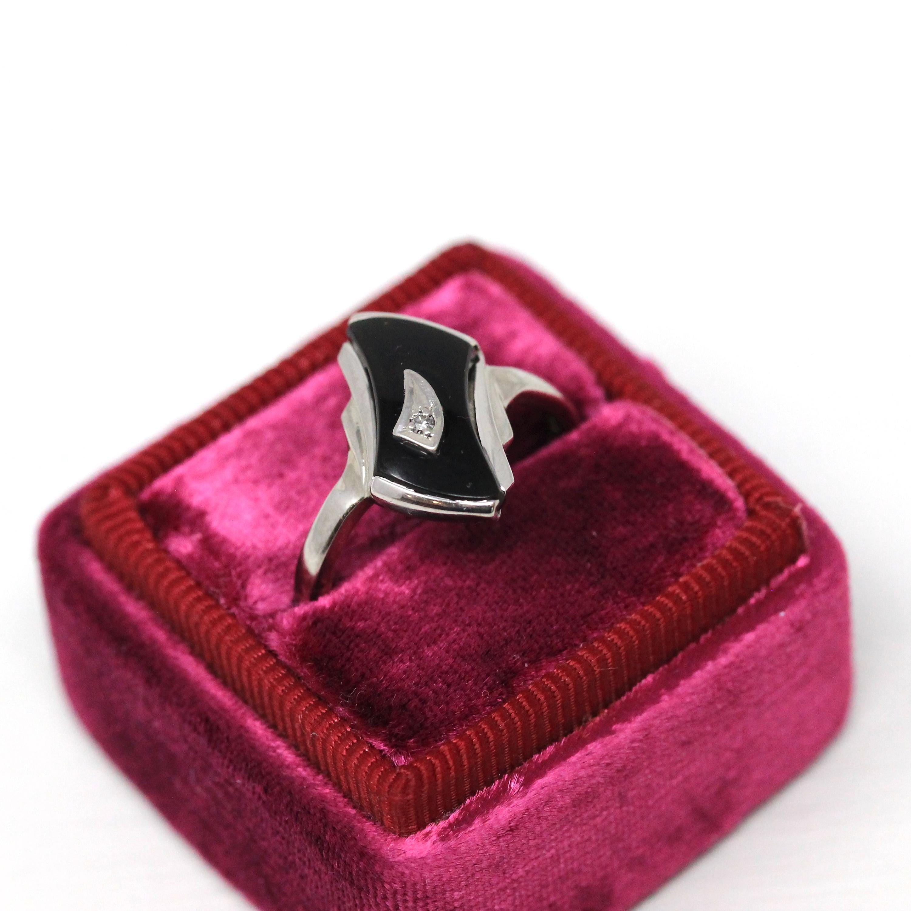 Retro Onyx Ring - Vintage 10k White Gold Fancy Cut Black Chalcedony & Diamond Gemstone - Circa 1960s Era Size 5 3/4 Fine Statement Jewelry