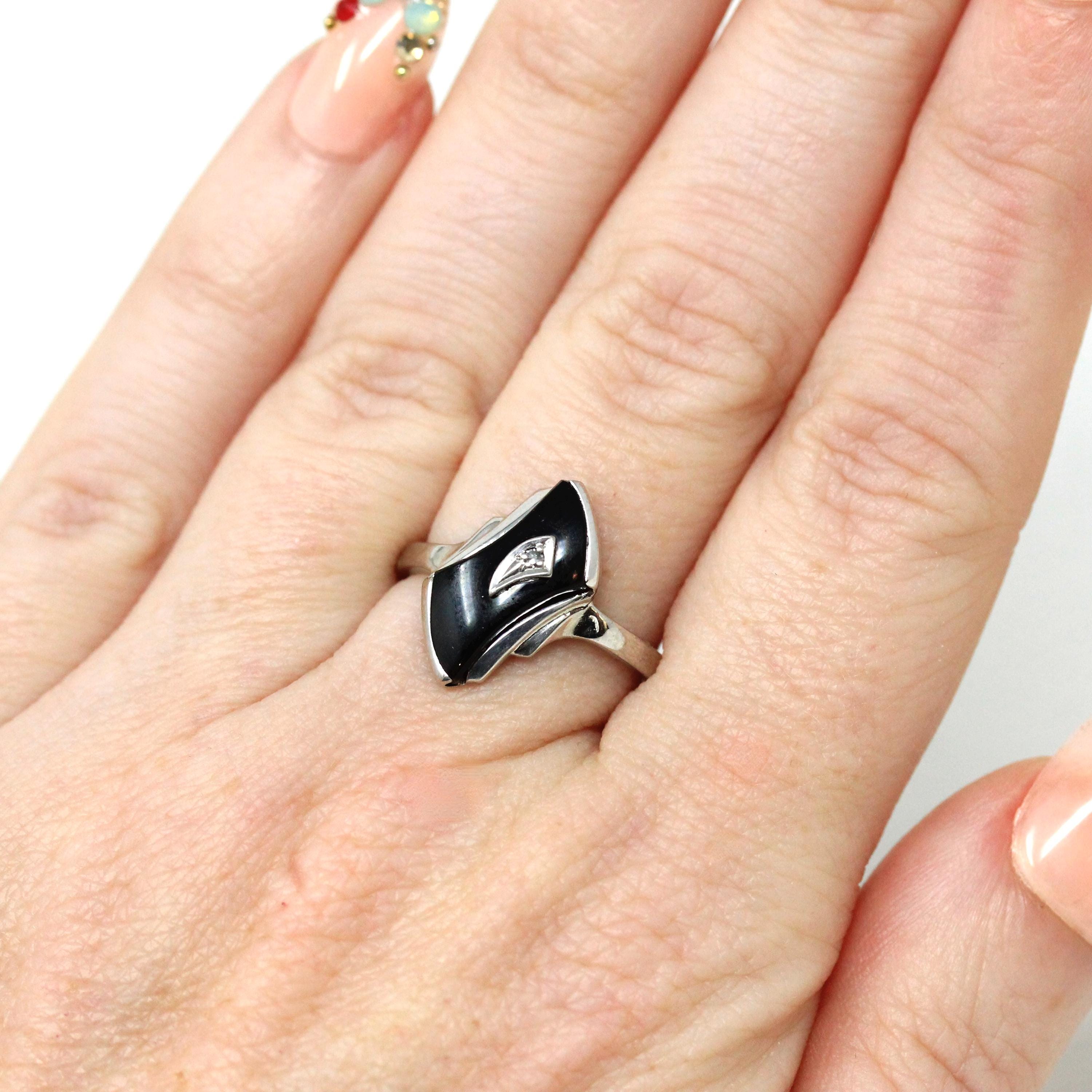 Retro Onyx Ring - Vintage 10k White Gold Fancy Cut Black Chalcedony & Diamond Gemstone - Circa 1960s Era Size 5 3/4 Fine Statement Jewelry