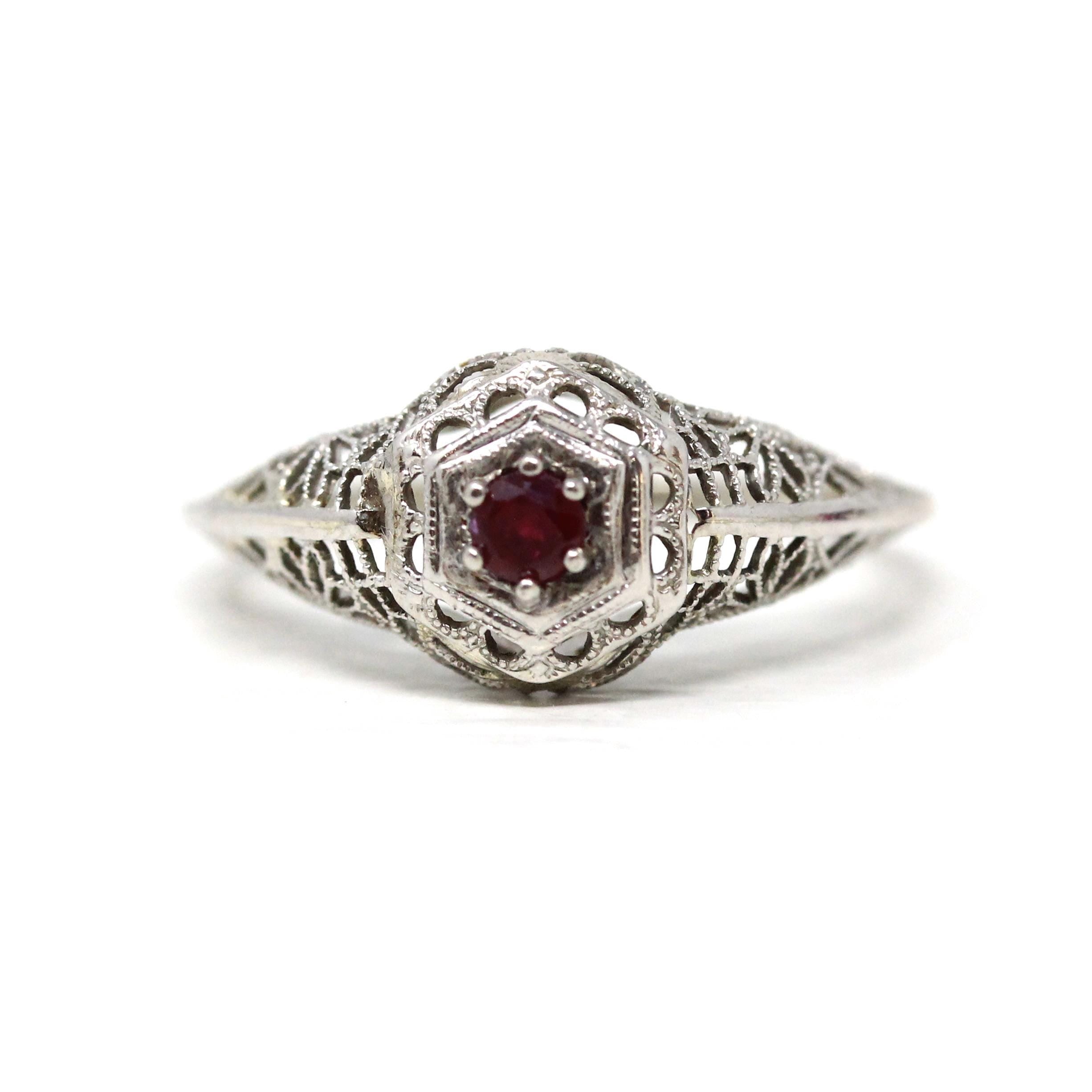 Ruby Filigree Ring - Art Deco Era 14k White Gold Round Faceted Red Corundum Gem - Circa 1930s Size 5.5 July Birthstone Fine Vintage Jewelry