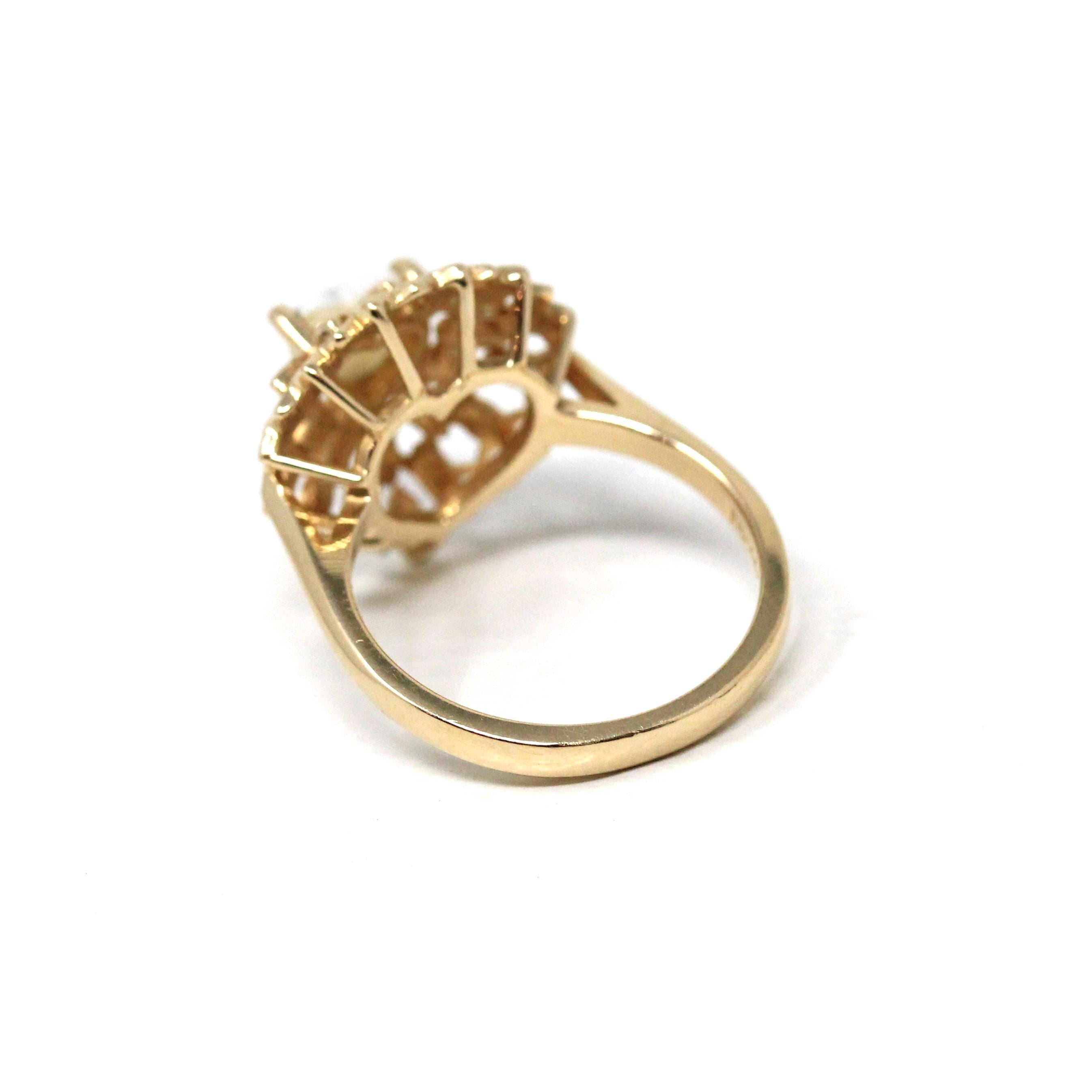 Opal Heart Ring - Modern 14k Yellow Gold Natural Gemstone Leaf Double Halo - Estate Circa 1990s Size 6 1/4 October Birthstone Fine Jewelry