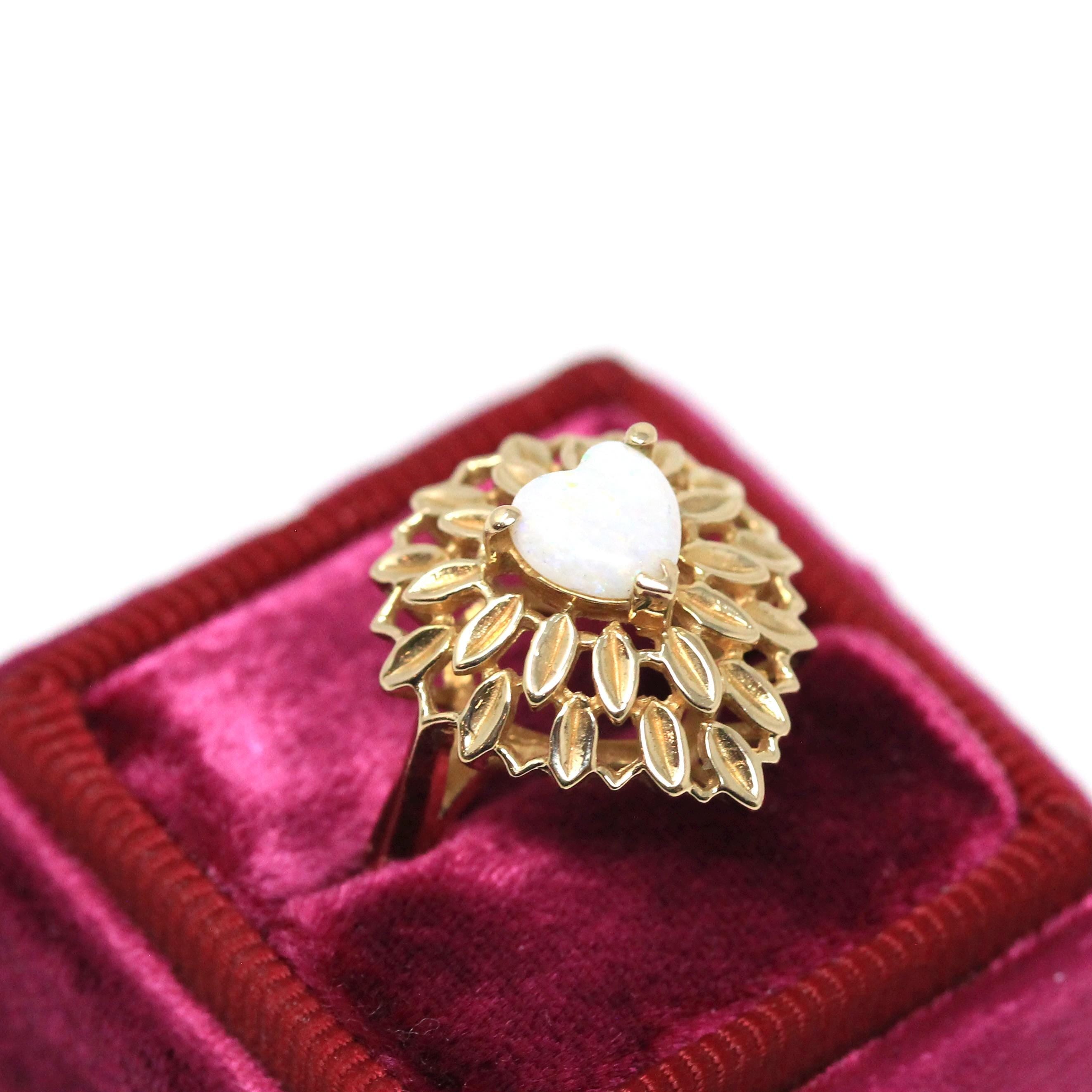 Opal Heart Ring - Modern 14k Yellow Gold Natural Gemstone Leaf Double Halo - Estate Circa 1990s Size 6 1/4 October Birthstone Fine Jewelry