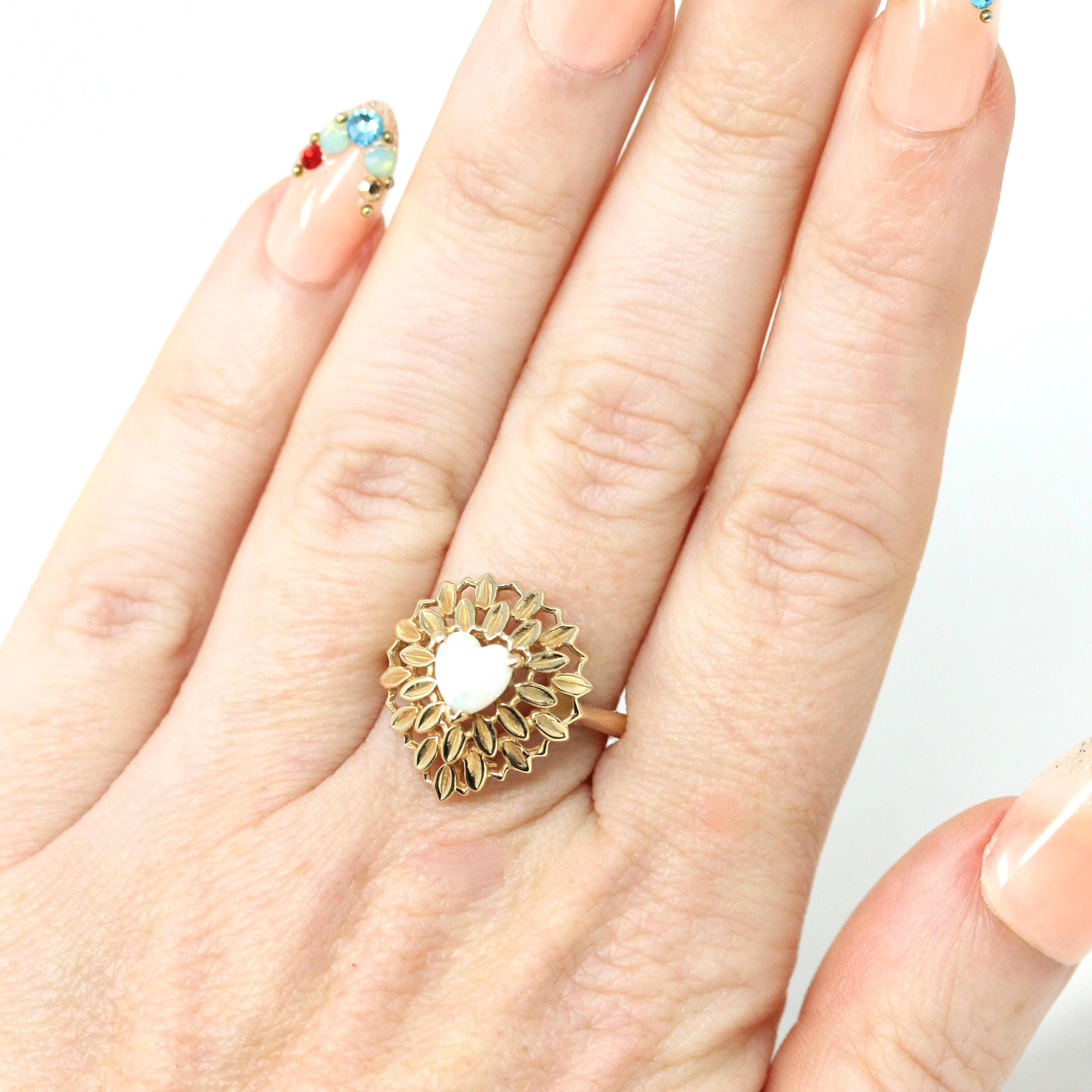 Opal Heart Ring - Modern 14k Yellow Gold Natural Gemstone Leaf Double Halo - Estate Circa 1990s Size 6 1/4 October Birthstone Fine Jewelry