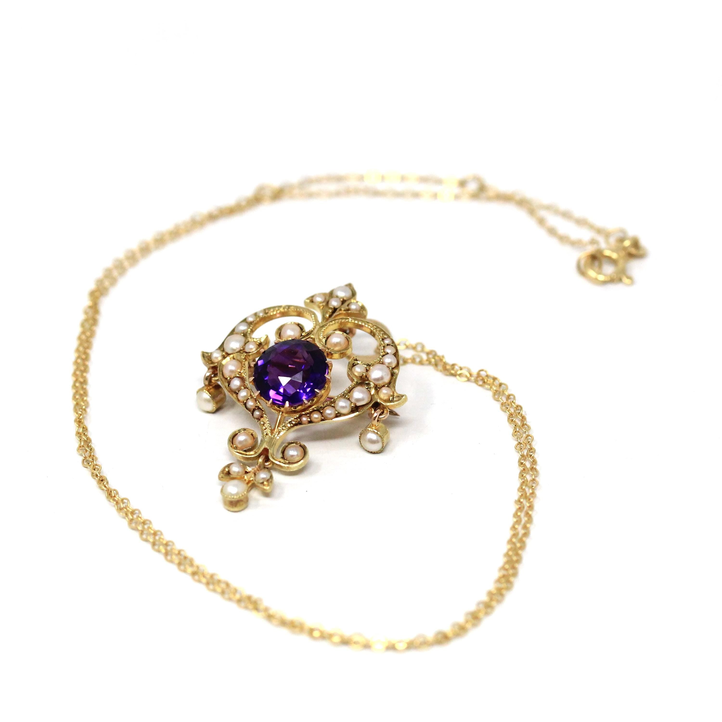 Antique Lavalier Necklace - Edwardian 15k Yellow Gold Natural Purple Amethyst Gem Pendant With Seed Pearls - Circa 1900s Fine Brooch Jewelry