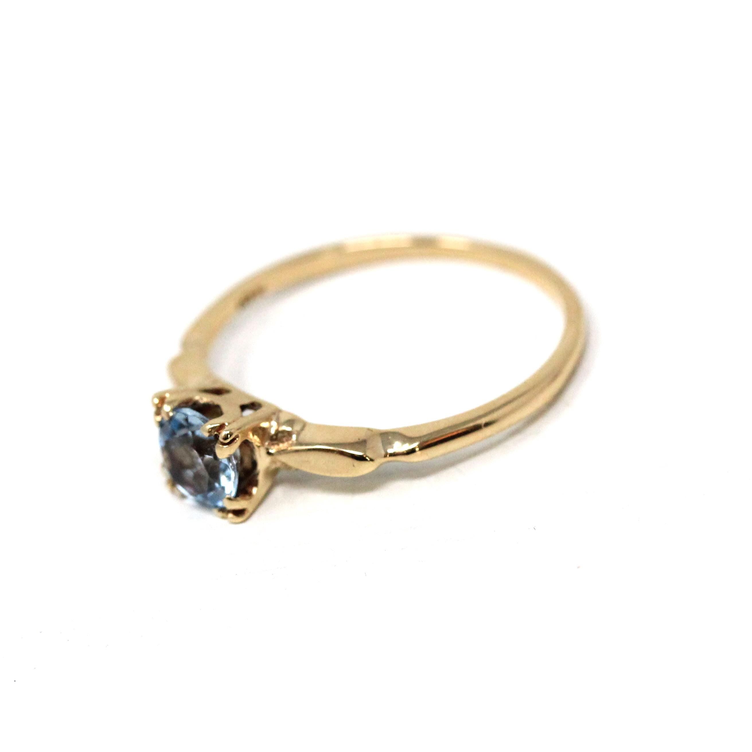Aquamarine Engagement Ring - Vintage 10k Yellow Gold Solitaire Blue Gemstone - Mid Century Size 6 1/2 Fine 1940s Alternative Bridal Jewelry