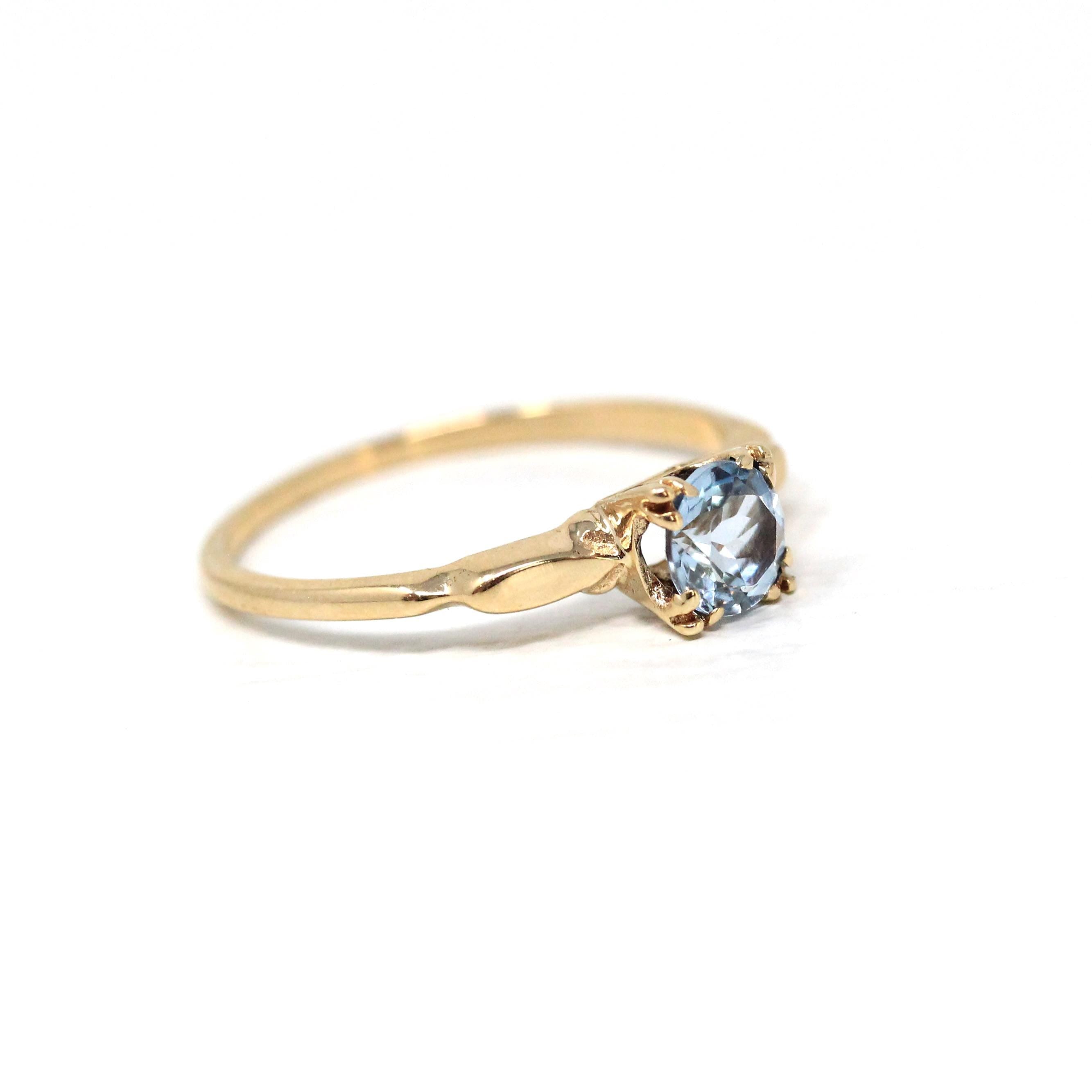 Aquamarine Engagement Ring - Vintage 10k Yellow Gold Solitaire Blue Gemstone - Mid Century Size 6 1/2 Fine 1940s Alternative Bridal Jewelry
