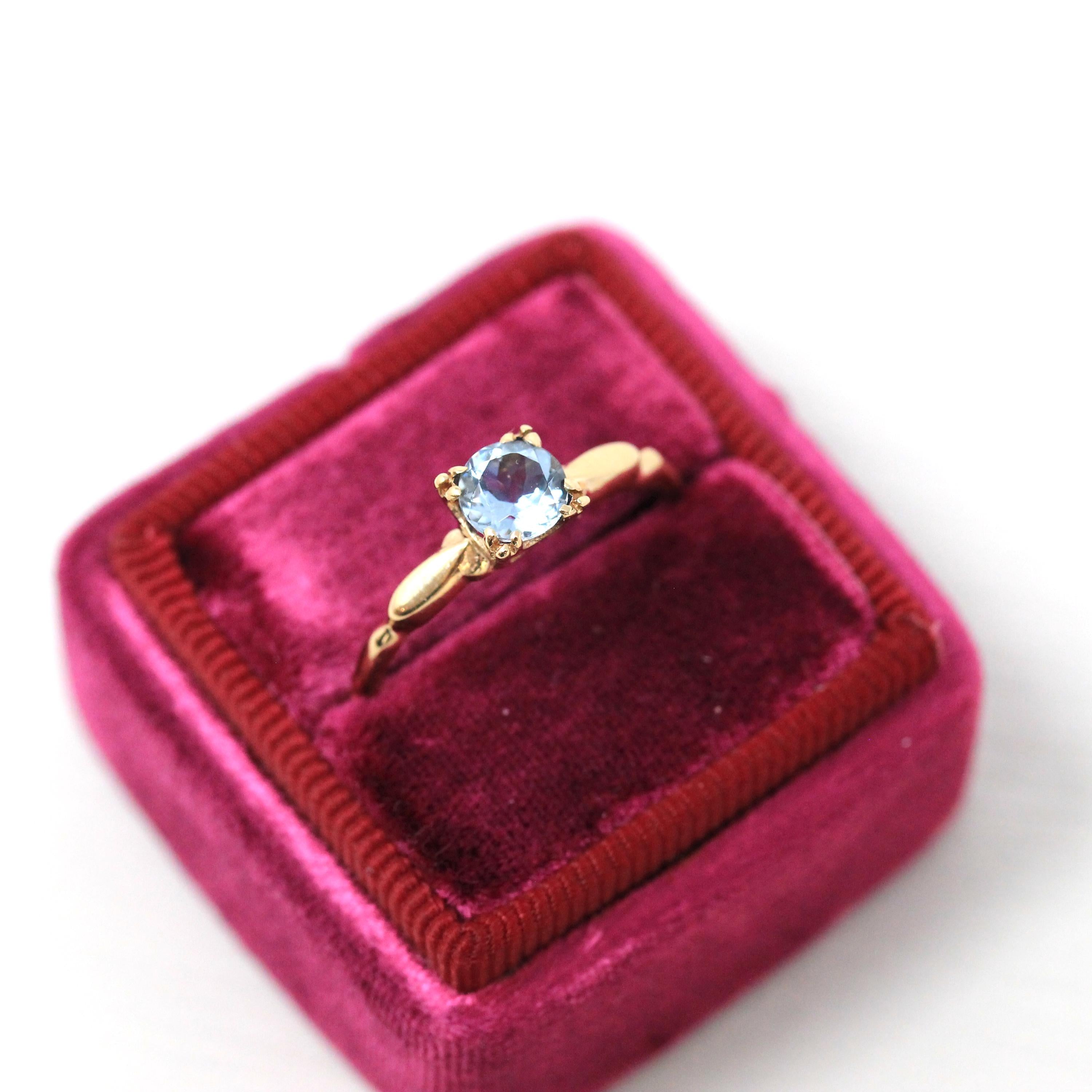 Aquamarine Engagement Ring - Vintage 10k Yellow Gold Solitaire Blue Gemstone - Mid Century Size 6 1/2 Fine 1940s Alternative Bridal Jewelry