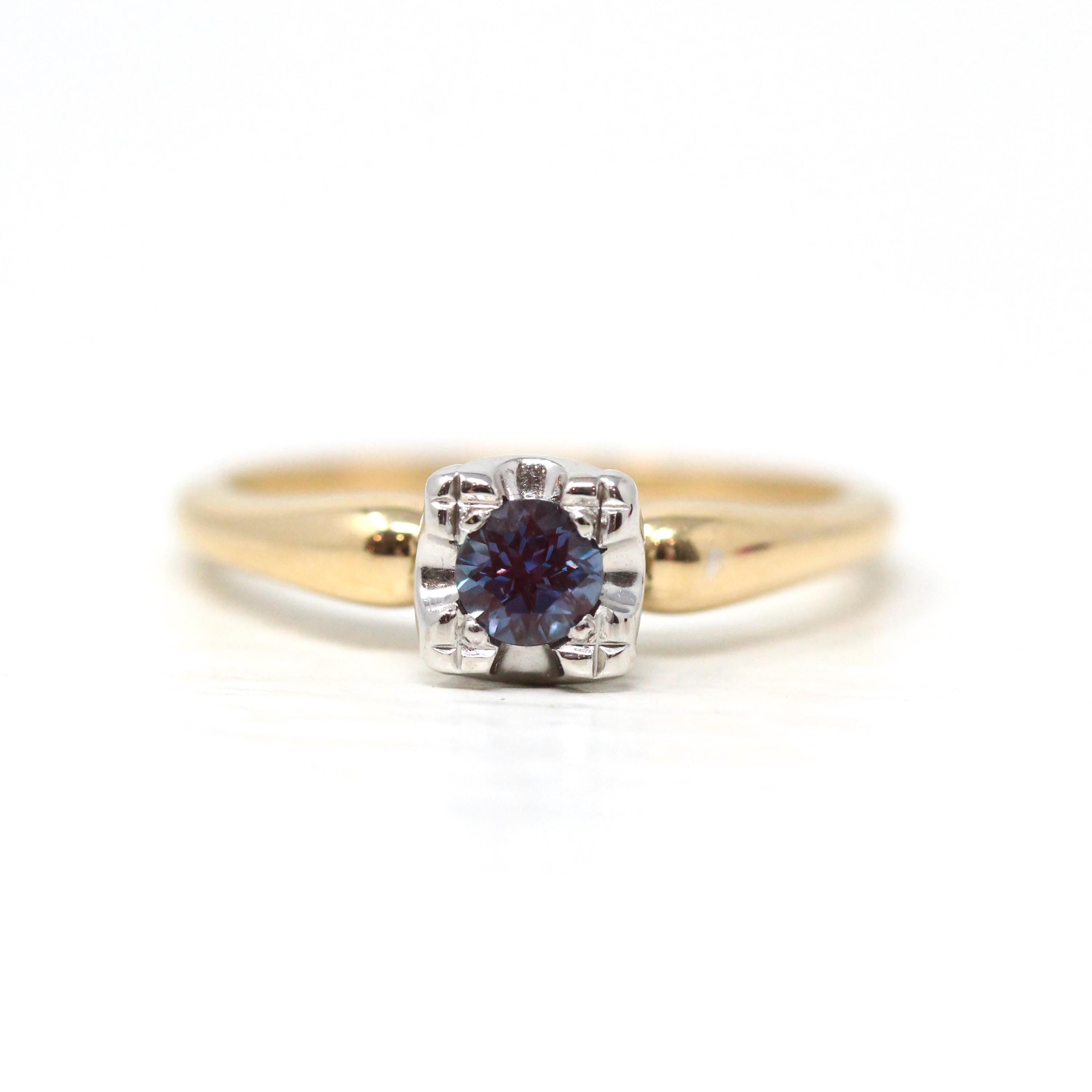 Vintage Engagement Ring - Retro Era 14k Yellow & White Gold Purple Blue Created Alexandrite Gem - Circa 1940s Size 6 Fine Two Tone Jewelry