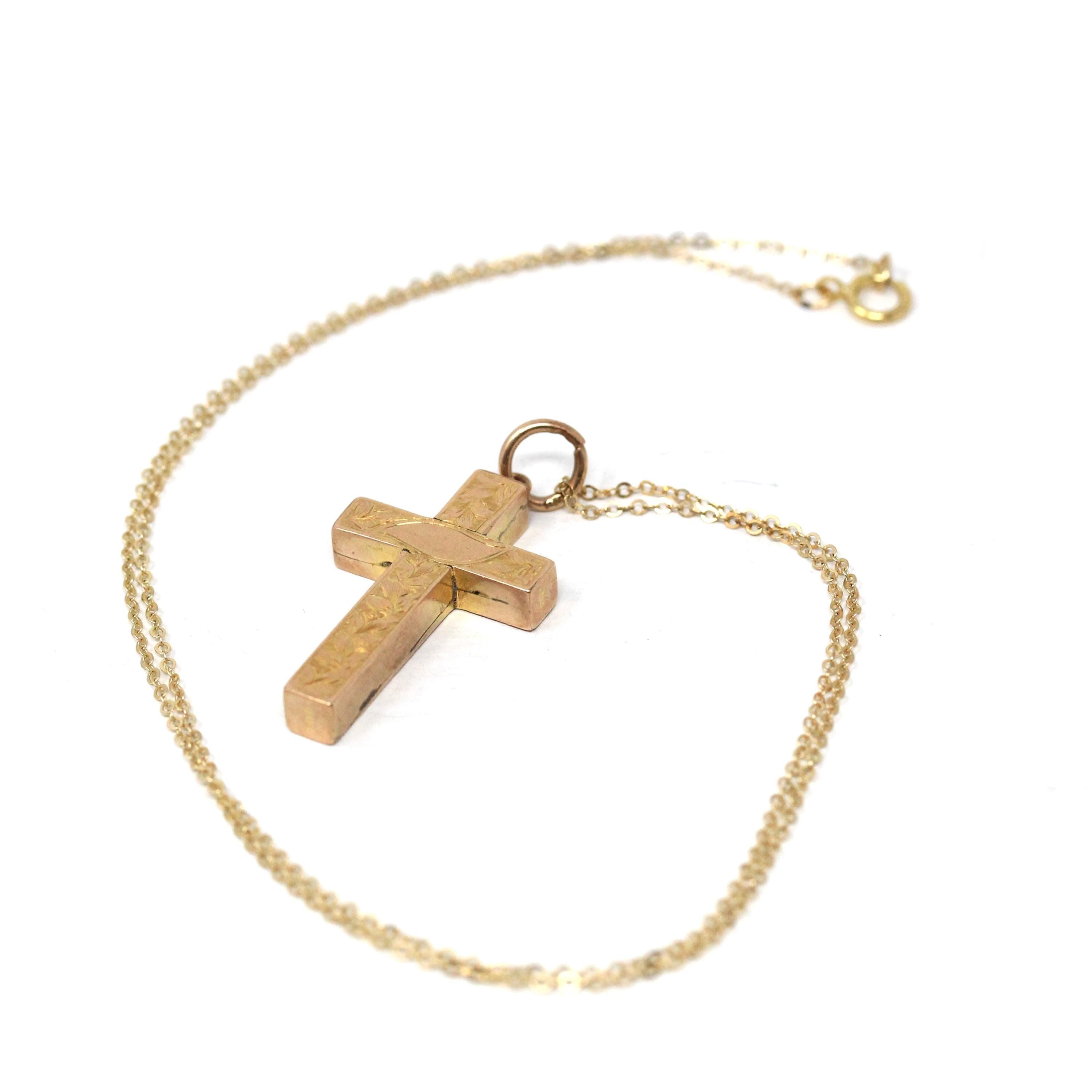 Antique Cross Necklace - Edwardian 9k Yellow Gold Ornate Floral Designs Pendant - Hallmarked 1905 Fine Birmingham Hollow Statement Jewelry