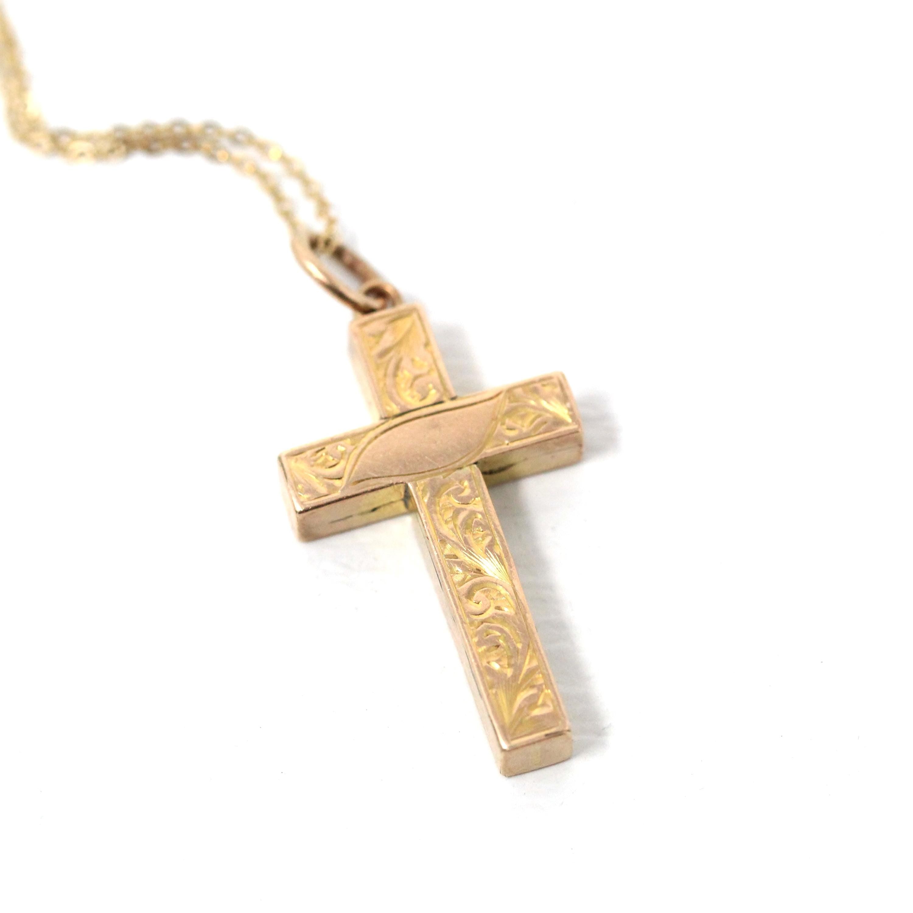 Antique Cross Necklace - Edwardian 9k Yellow Gold Ornate Floral Designs Pendant - Hallmarked 1905 Fine Birmingham Hollow Statement Jewelry