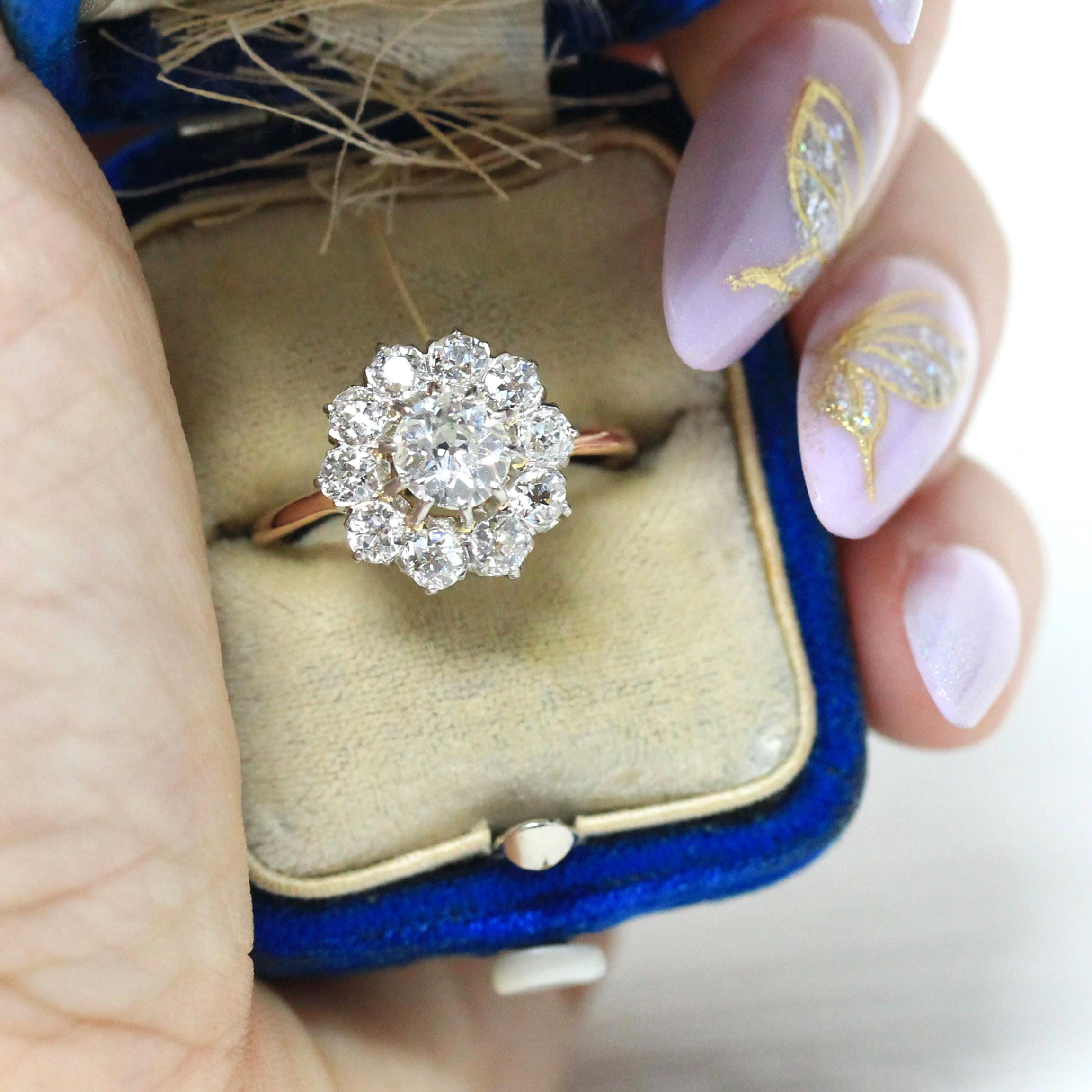 Antique Diamond Halo Ring - Edwardian 18k Yellow Gold Platinum 1.27 CTW Natural Gems Cluster Engagement - Vintage 1900s Fine Report Jewelry