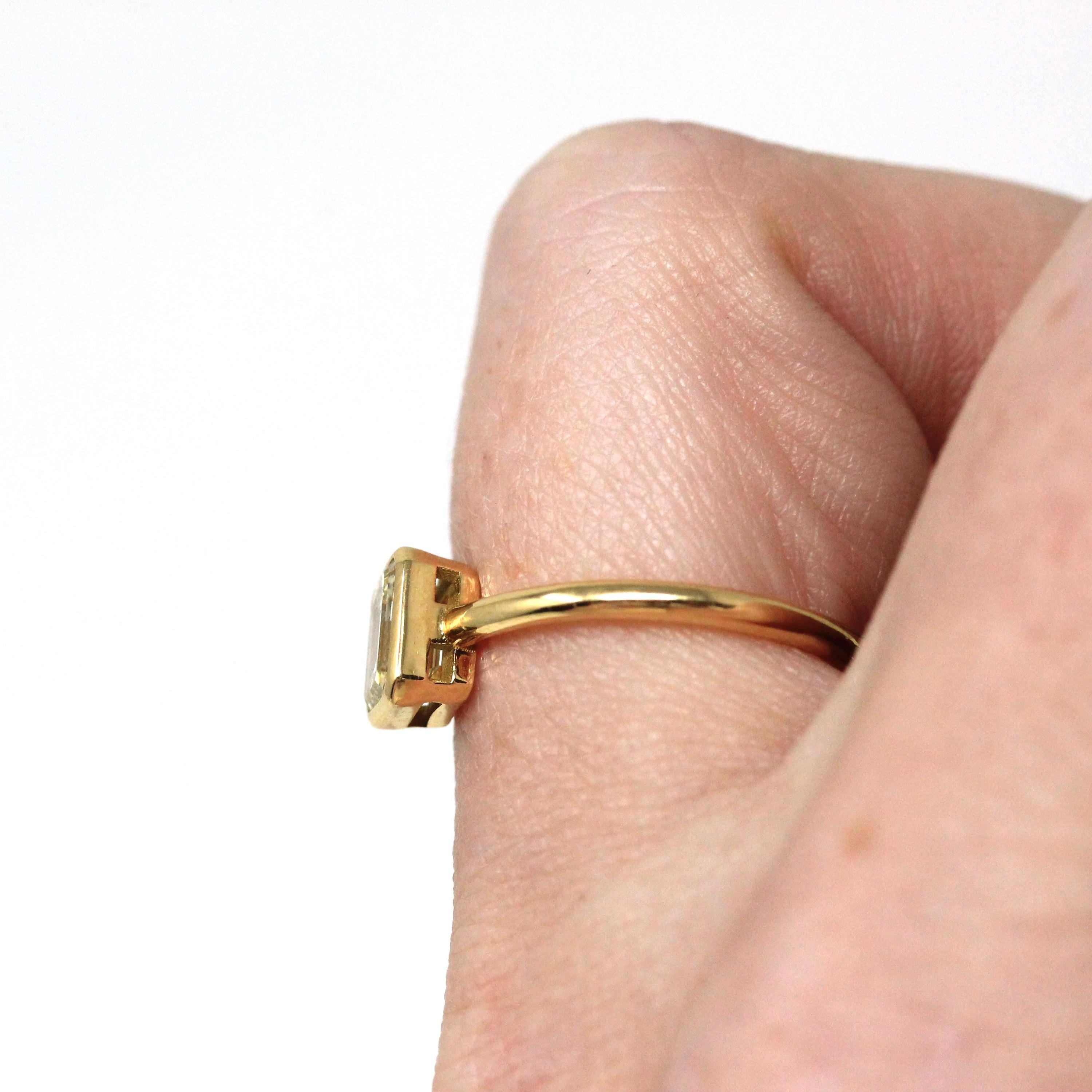 0.87 ct Emerald Cut Diamond Engagement Ring - 18k Yellow Gold Bezel Set Vintage Recycled Gem - Size 6 1/4 Fine Bridal Classic Fine Jewelry