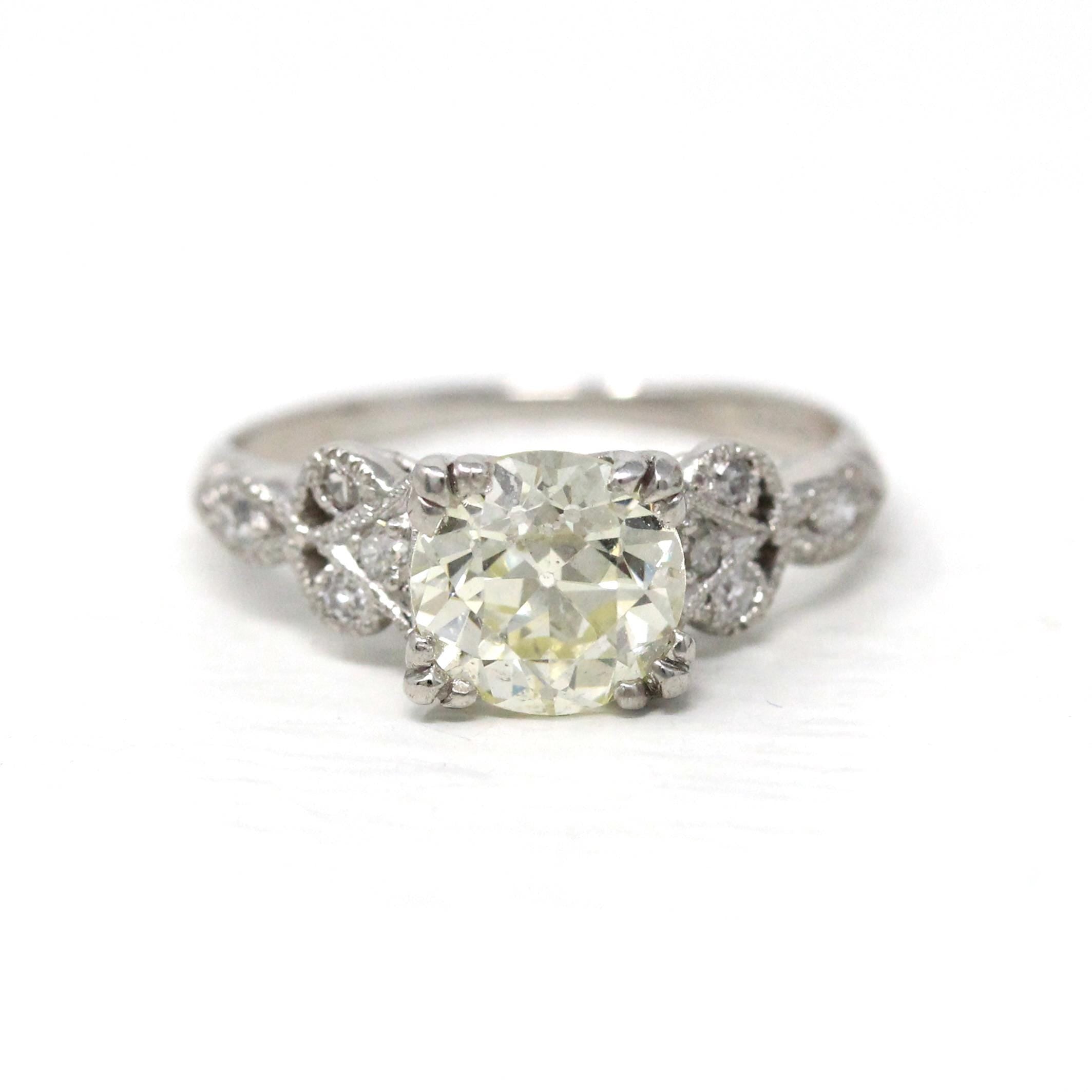 Vintage Engagement Ring - Platinum Retro Era 1.45 CTW Natural Diamonds - Circa 1950s Era Size 4.75 Fine Filigree Qualitative Report Jewelry