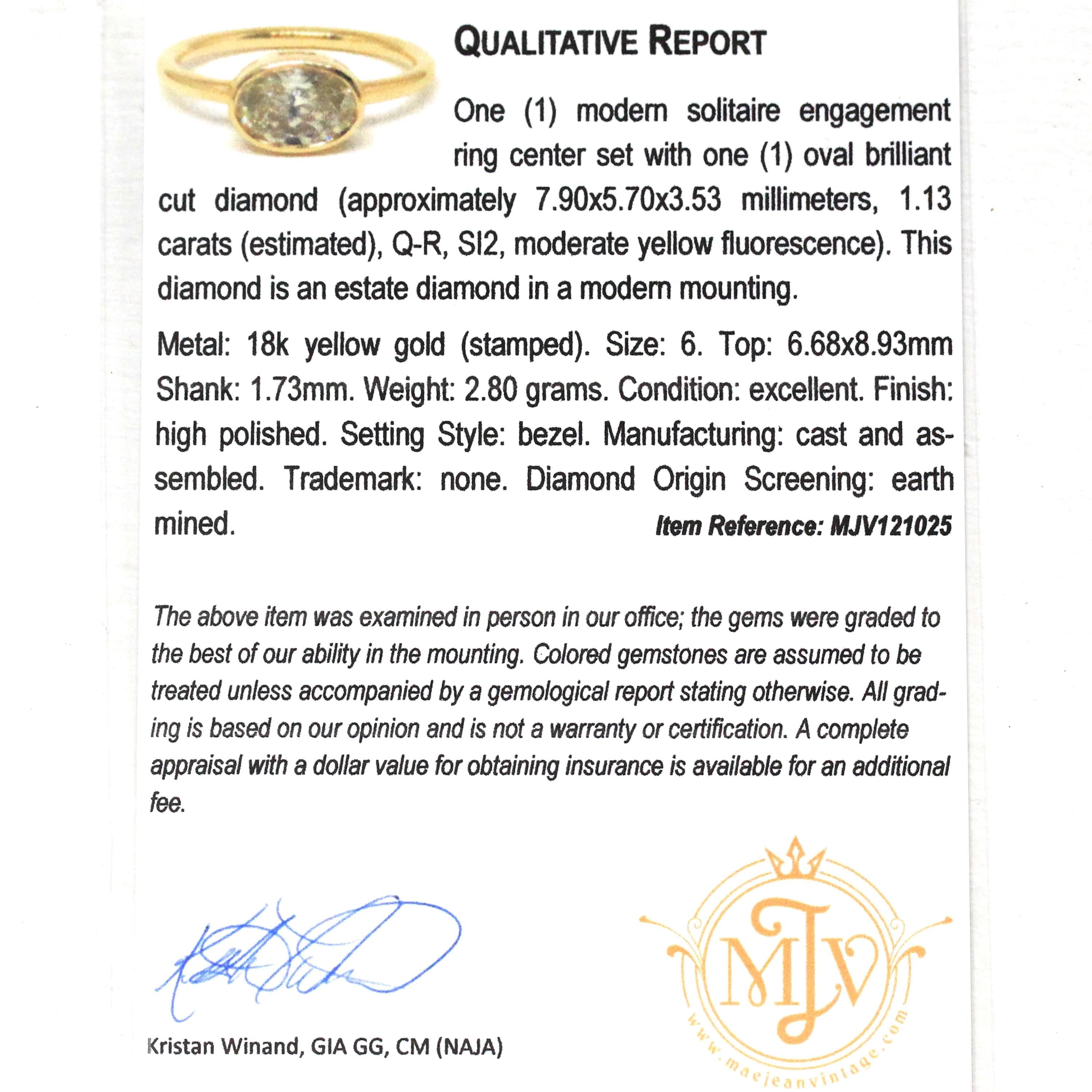 East-to-West Diamond Ring - 18k Yellow Gold Bezel Set Fancy Warm Light Yellow Oval Faceted Gemstone - Modern Size 6 Fine Jewelry W/ Report