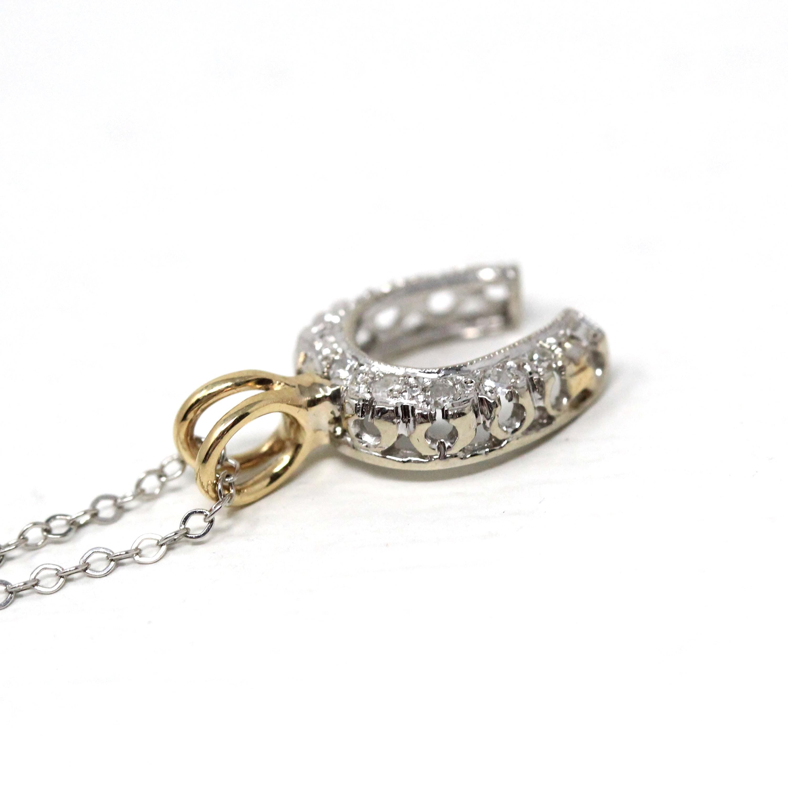 Diamond Horseshoe Pendant - Mid Century Era 14k White & Yellow Gold Natural .08 CTW Charm - Vintage Circa 1950s Good Luck Equestrian Jewelry