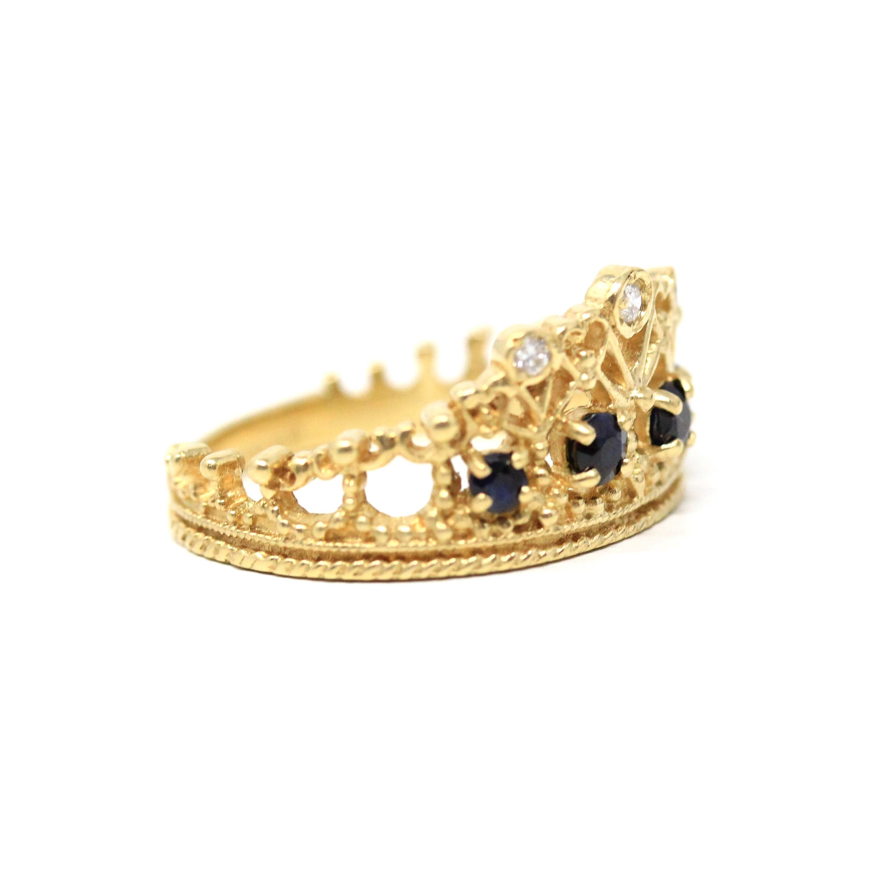 Vintage Tiara Ring - Estate 18k Yellow Gold Natural Diamonds Blue Sapphires Statement - Circa 1980s Princess Crown Fine Statement Jewelry