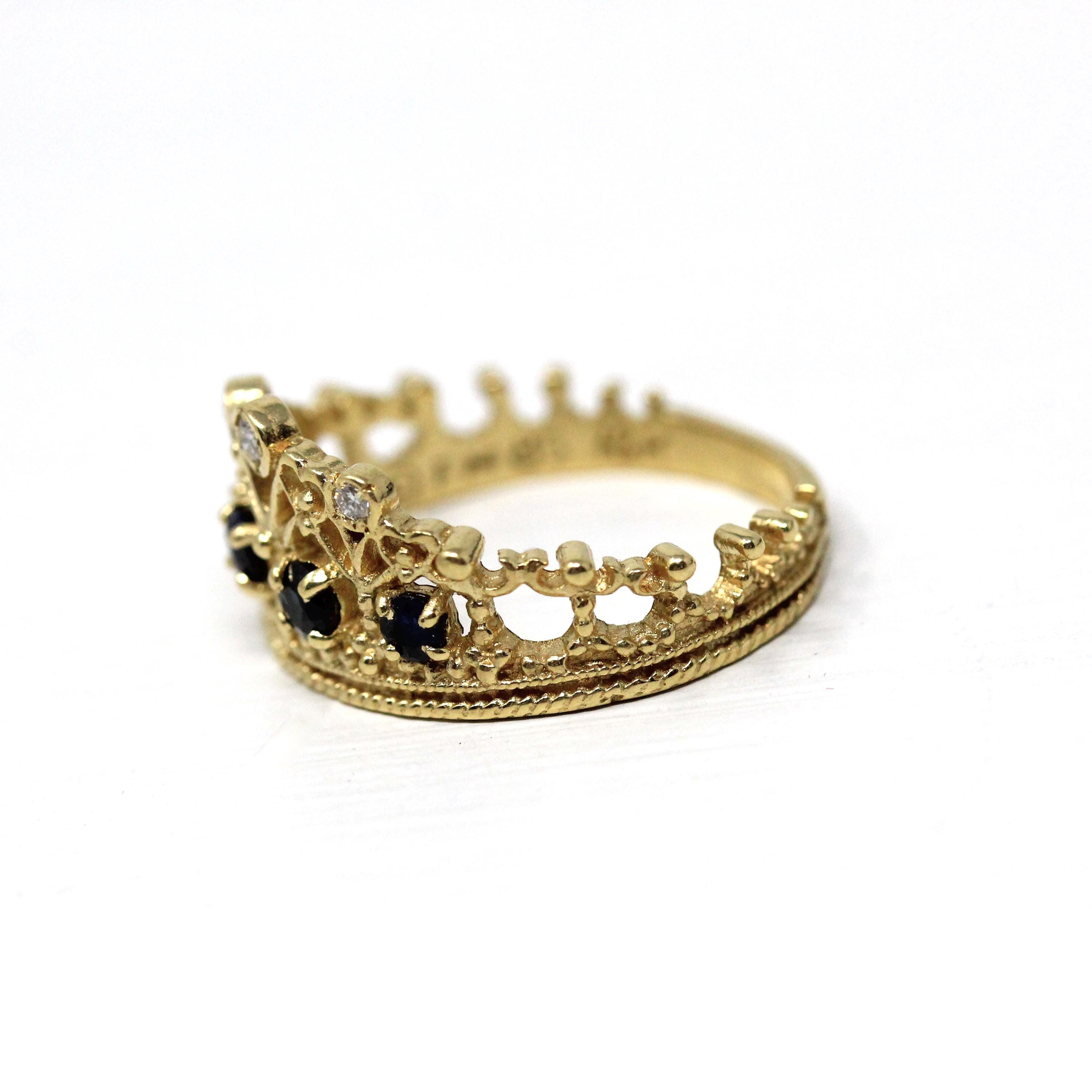 Vintage Tiara Ring - Estate 18k Yellow Gold Natural Diamonds Blue Sapphires Statement - Circa 1980s Princess Crown Fine Statement Jewelry
