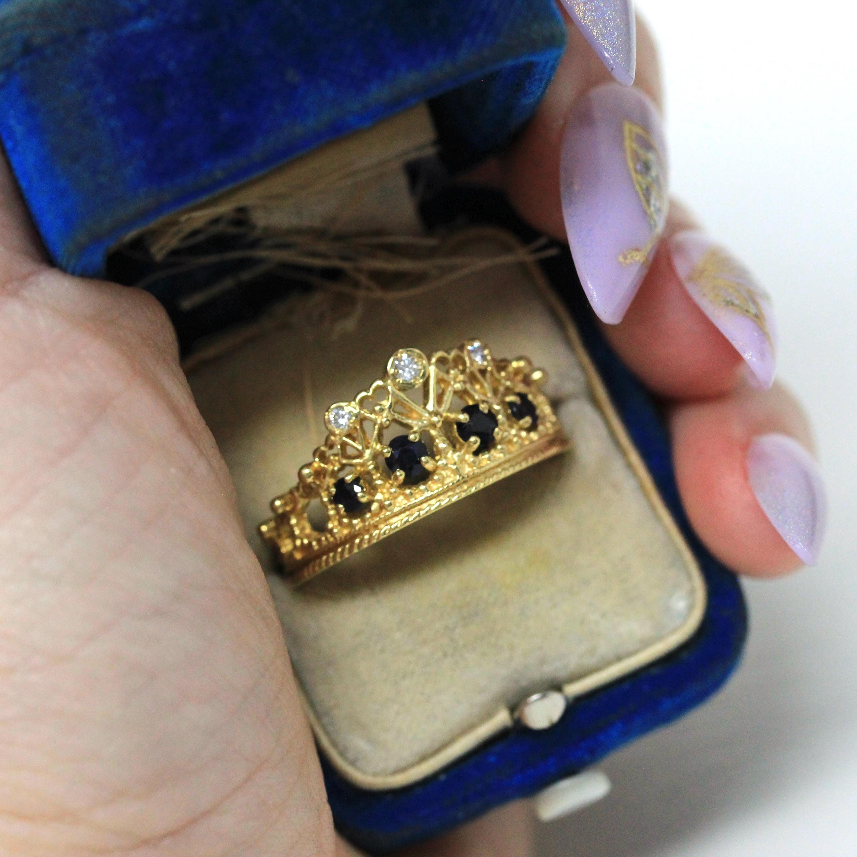Vintage Tiara Ring - Estate 18k Yellow Gold Natural Diamonds Blue Sapphires Statement - Circa 1980s Princess Crown Fine Statement Jewelry