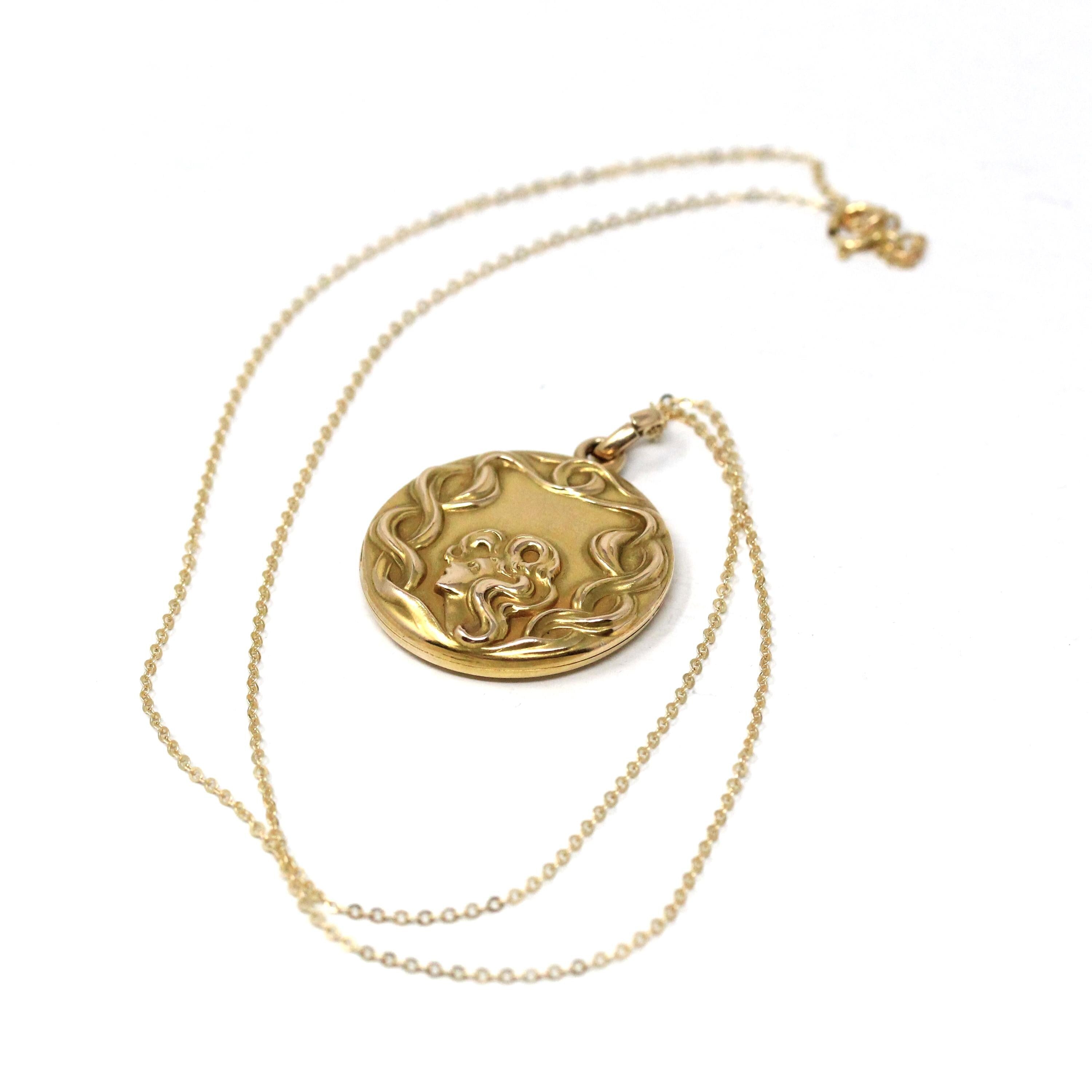 Art Nouveau Locket - Antique 10k Yellow Gold Flowing Hair Woman Pendant Necklace - Vintage 1900s Era Edwardian Letters Initials Fine Jewelry