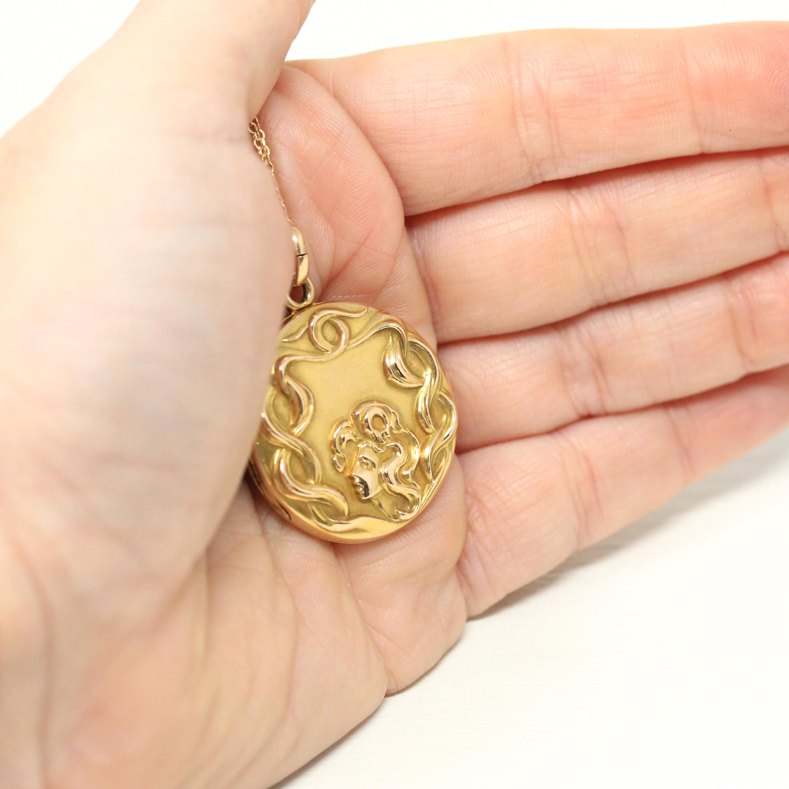 Art Nouveau Locket - Antique 10k Yellow Gold Flowing Hair Woman Pendant Necklace - Vintage 1900s Era Edwardian Letters Initials Fine Jewelry