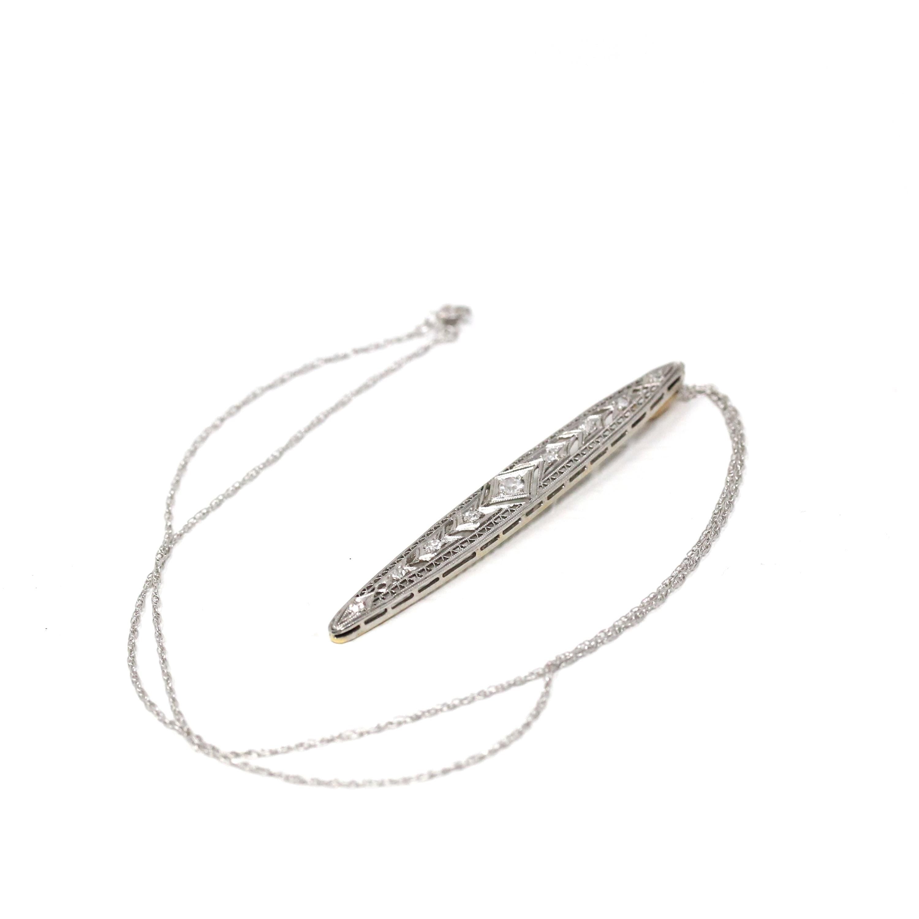 Art Deco Diamond Necklace - Antique Platinum 14k White Gold Filigree Conversion Pendant - Vintage Circa 1920s Era Filigree Long Fine Jewelry