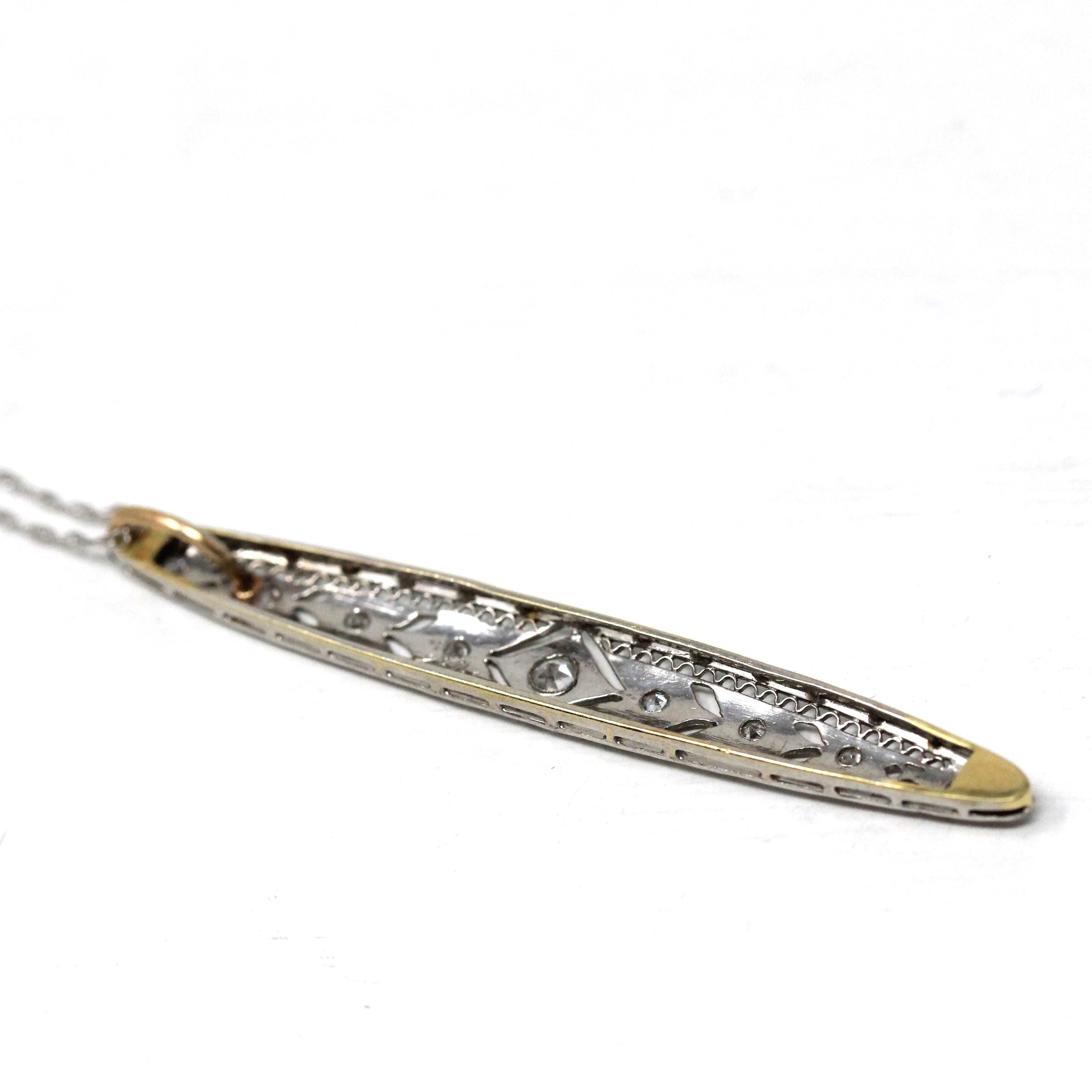 Art Deco Diamond Necklace - Antique Platinum 14k White Gold Filigree Conversion Pendant - Vintage Circa 1920s Era Filigree Long Fine Jewelry