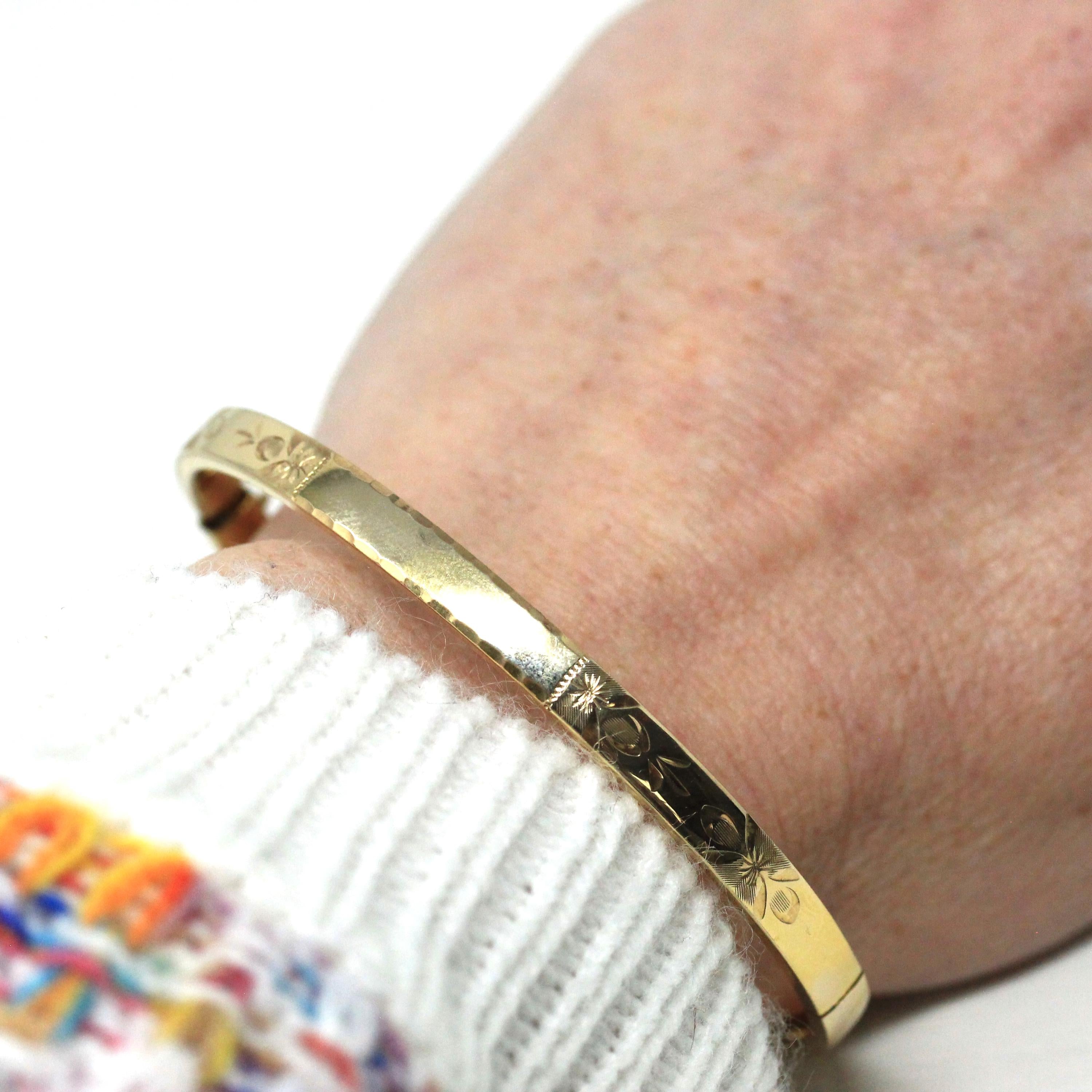 Vintage Flower Bangle - Retro 14k Gold Filled Engraved Flower Design Polished Bracelet - Circa 1960s Era Statement HFB H.F. Barrows Jewelry