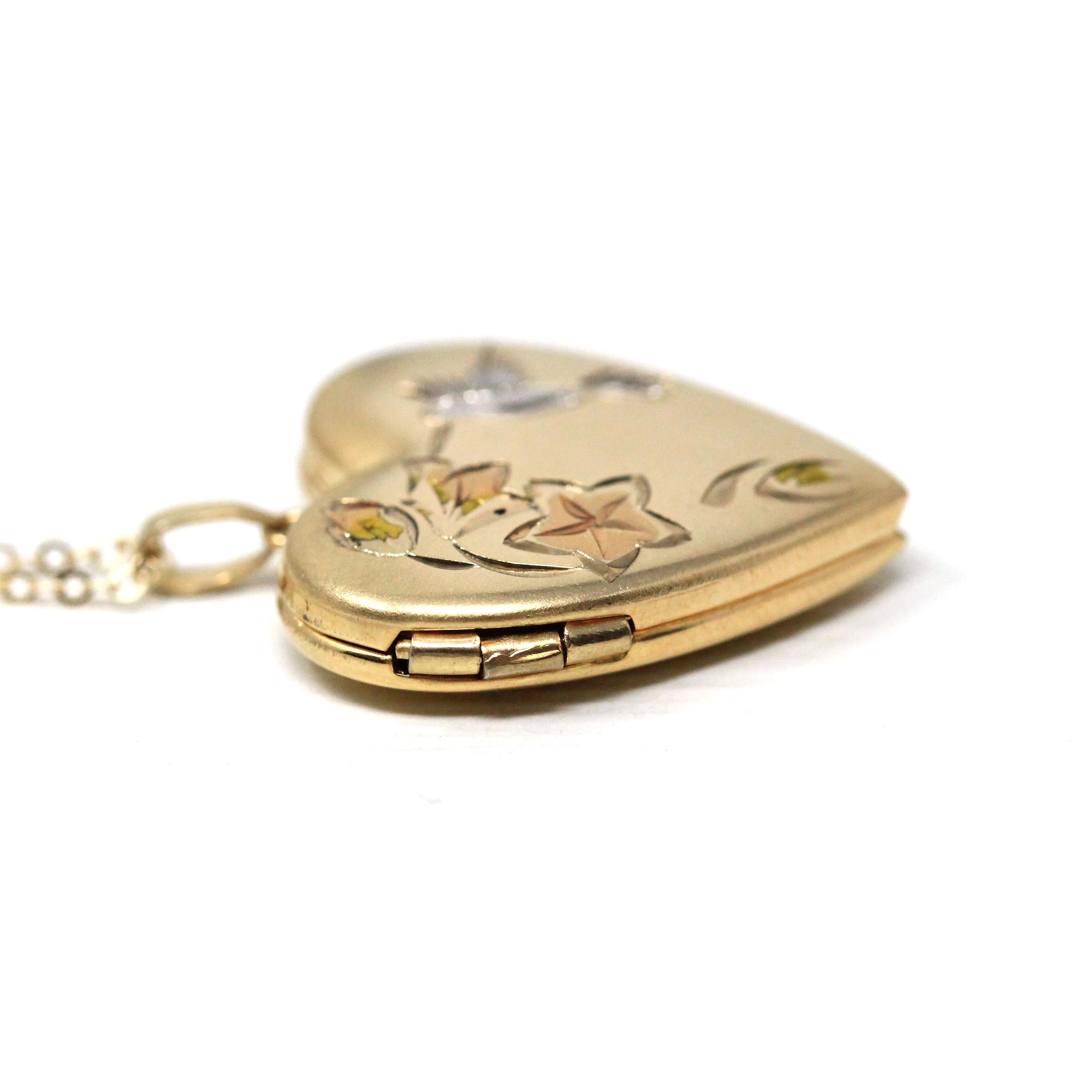 Hummingbird Heart Locket - Modern 14k Gold Filled Tri Color Flowers Bird Necklace Pendant - Circa 2000's Era Photograph Keepsake Jewelry